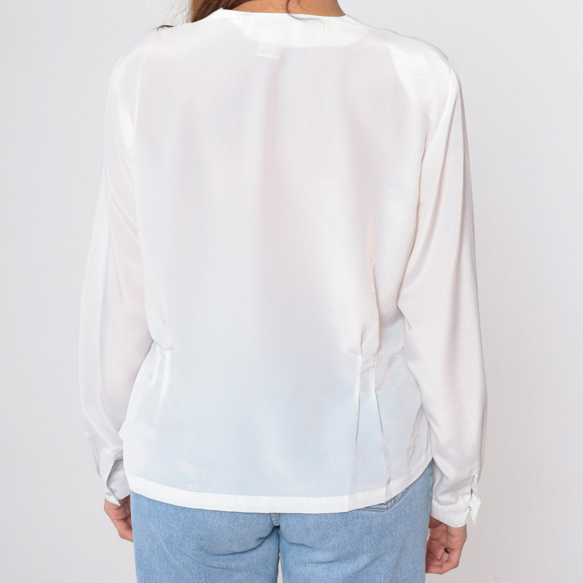 90s White Cutwork Blouse Embroidered Leaf Button Up Long Sleeve Medium