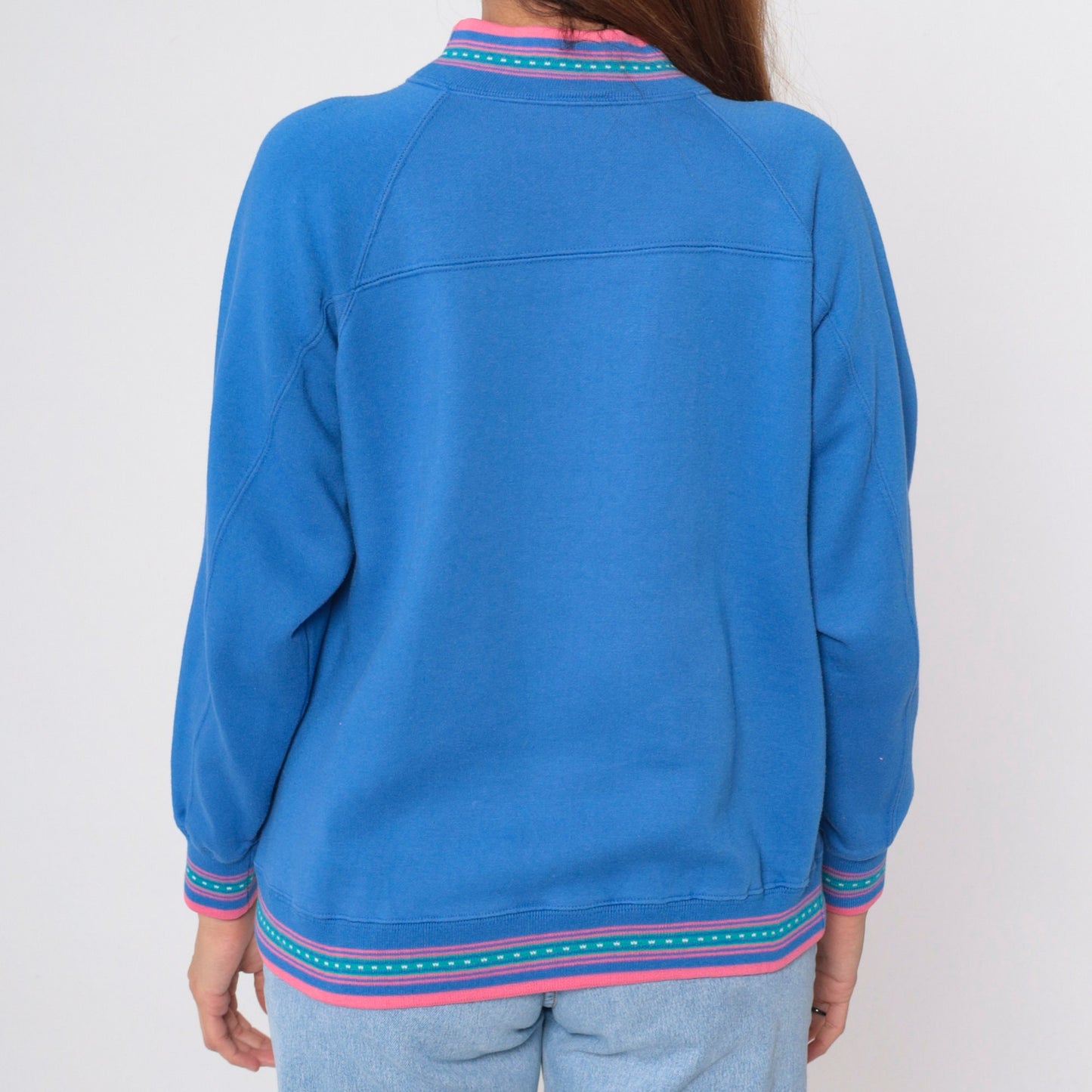 90s Blue Mock Neck Sweatshirt Pink Ringer Trim Small