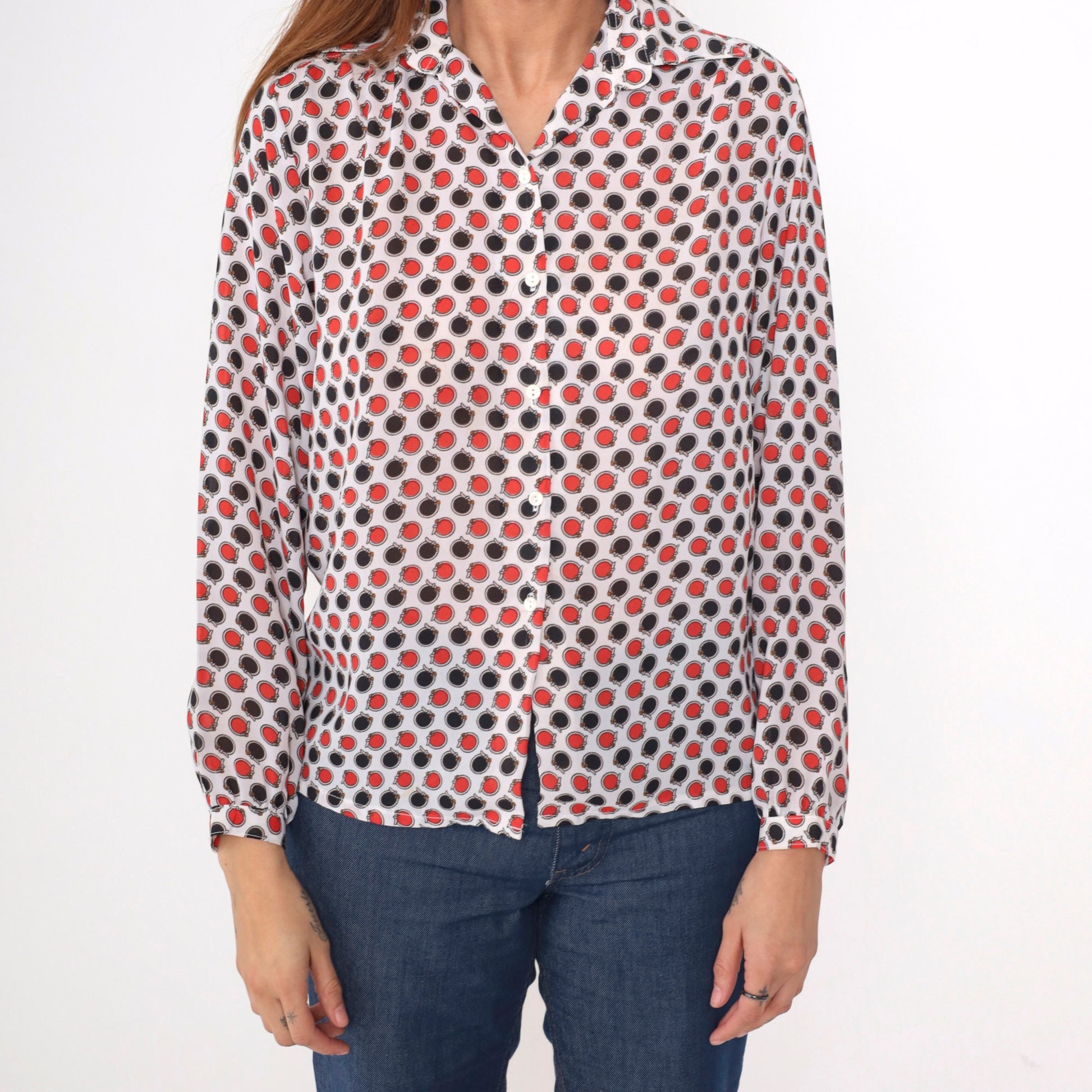 70s Circle Belt Print Button-Up Blouse Polka Dot Red Black White Medium