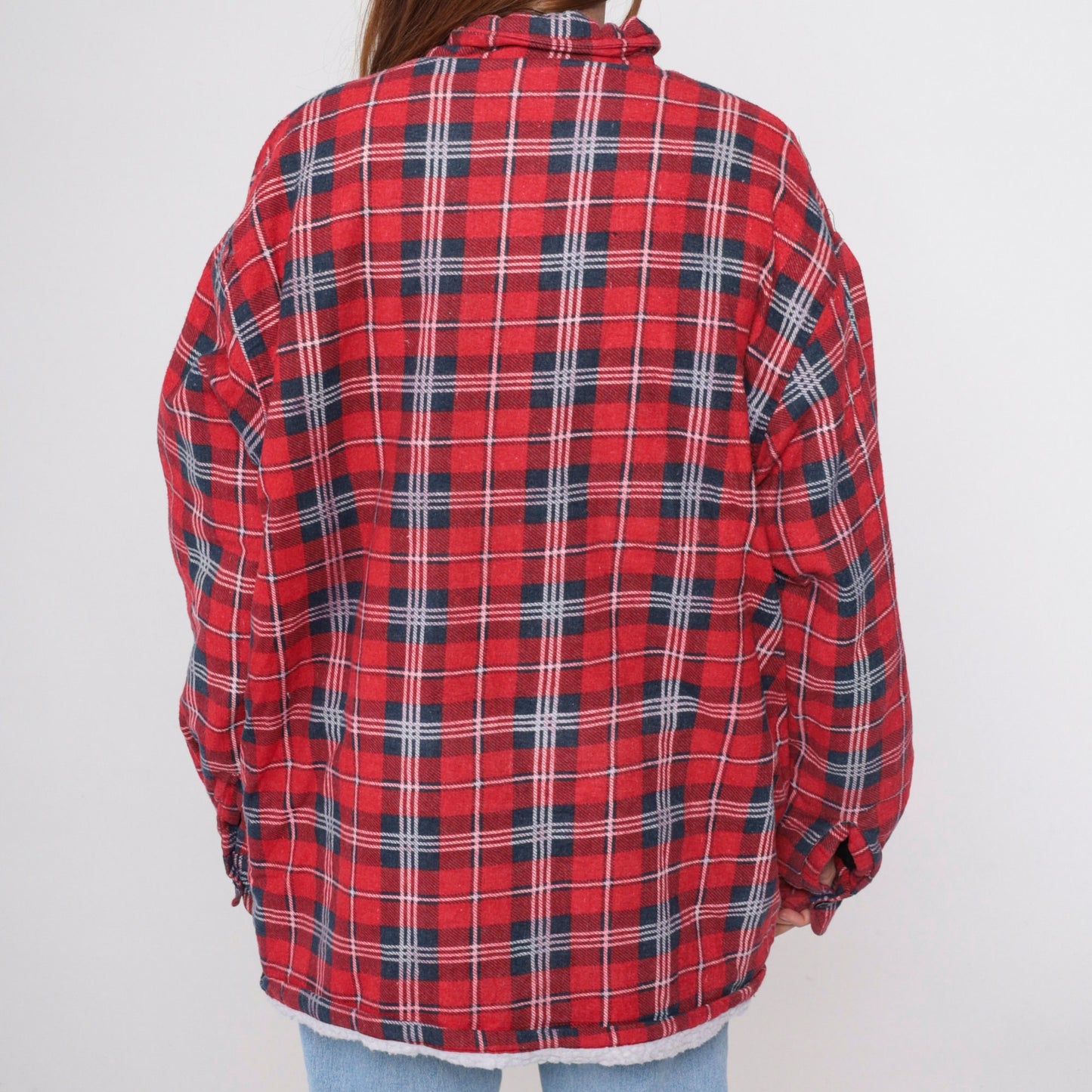90s Red Plaid Zip Jacket Sherpa Lined Flannel Shacket Extra Large XL