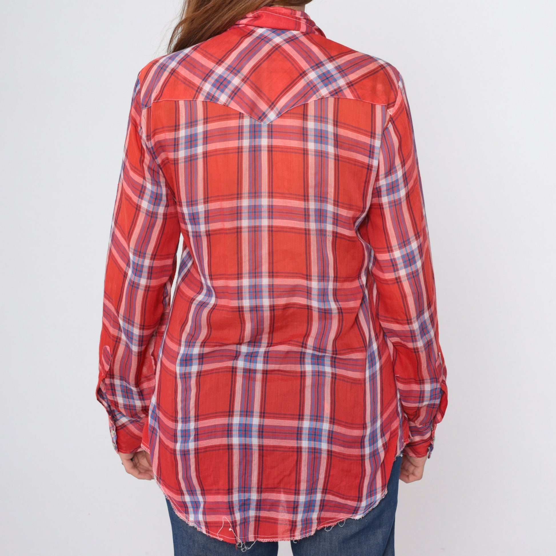 70s Red Plaid Western Shirt Pearl Snap Button Up Long Sleeve Medium