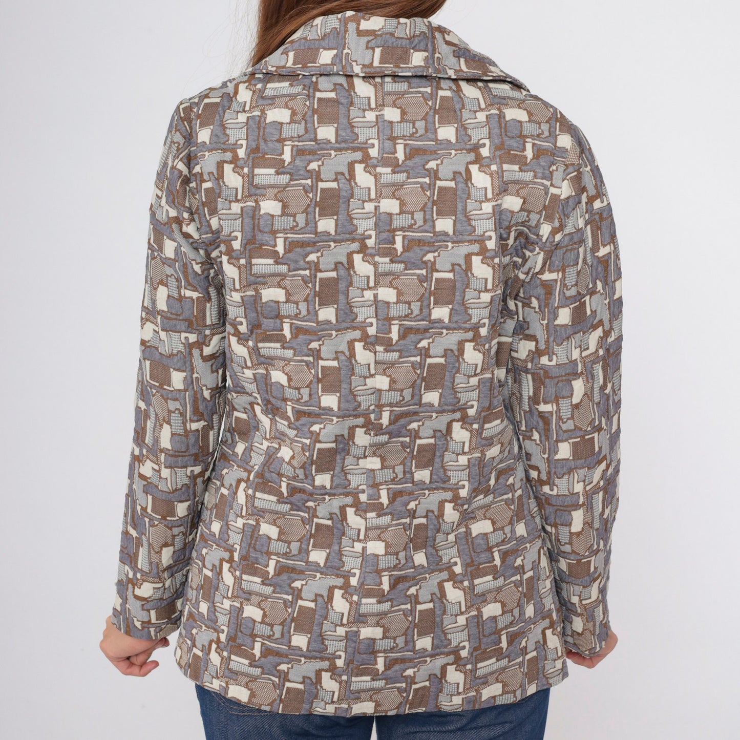 70s Geometric Tessellation Blazer Notched Collar Brown Grey White Medium