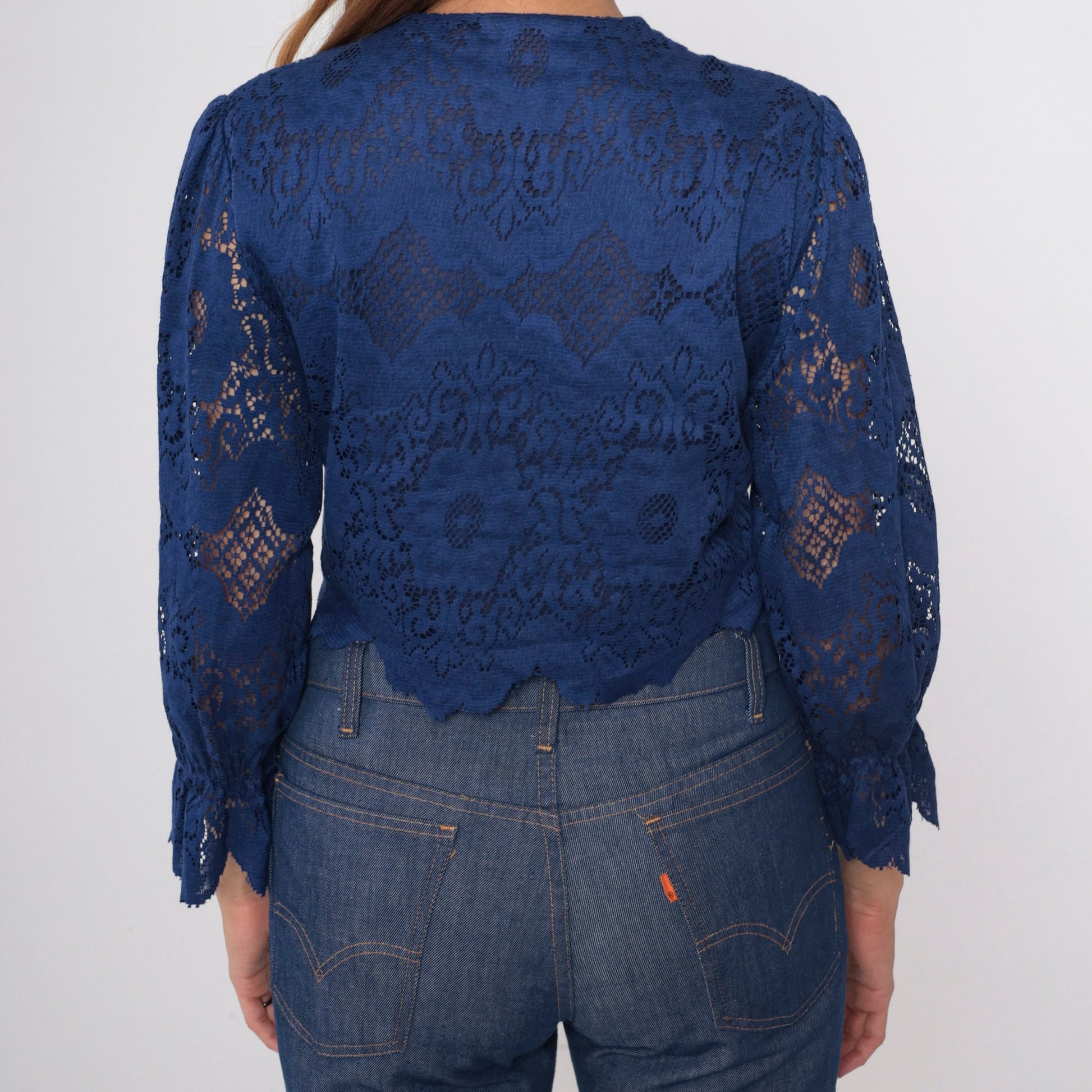 70s Dark Blue Lace Blouse Puff Sleeve Button-Up Crop Top Scalloped Small Medium