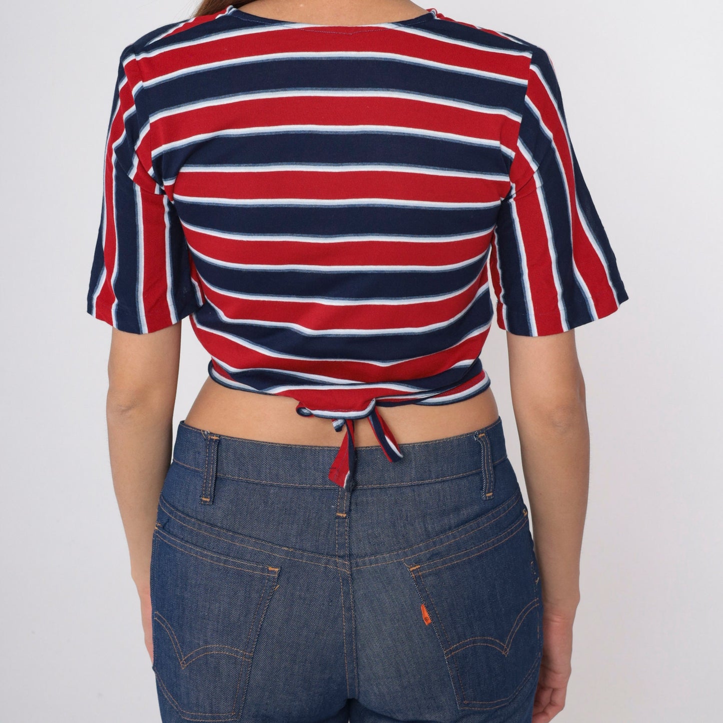 70s Red White Blue Striped Wrap Crop Top Short Sleeve V-Neck Medium Large