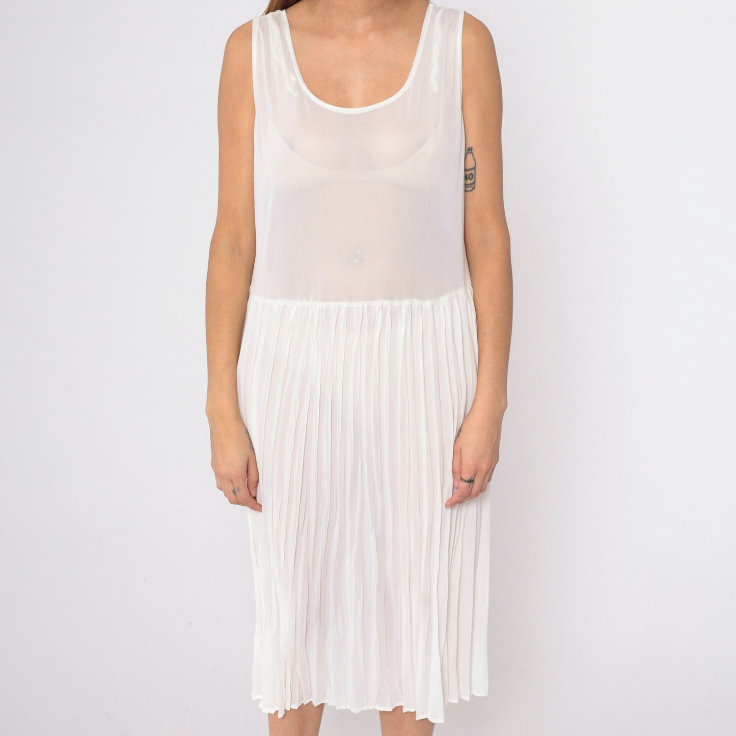 80s Sheer White Pleated Midi Dress Drop Waist Sleeveless Scoop Neck Large 12