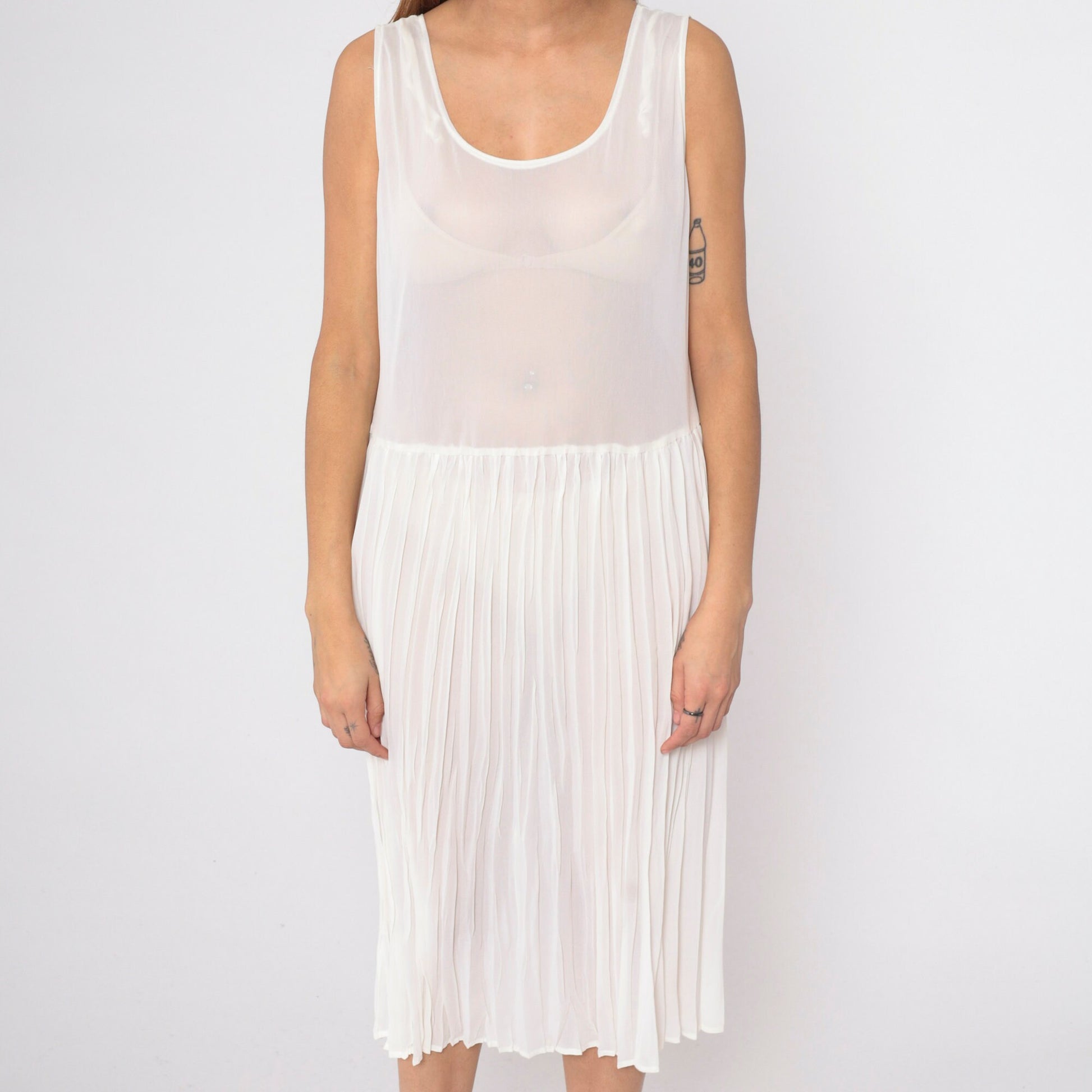 80s Sheer White Pleated Midi Dress Drop Waist Sleeveless Scoop Neck Large 12