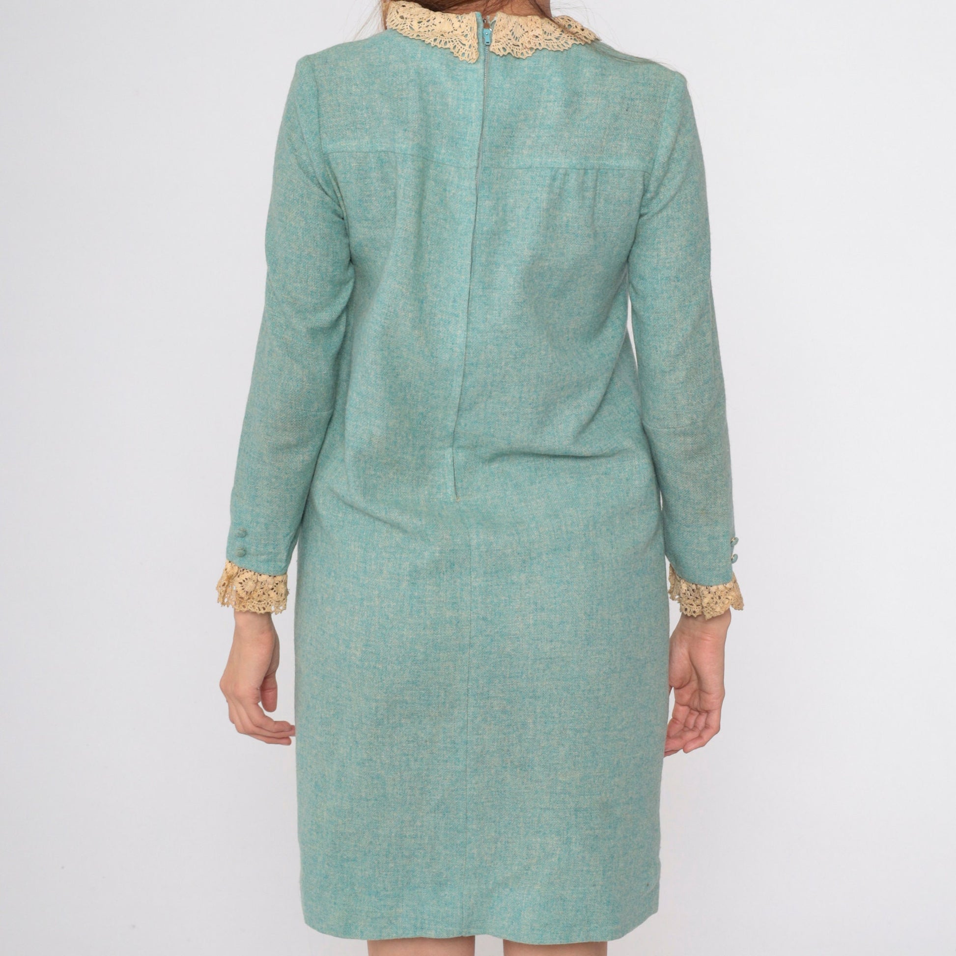 60s Mod Shift Dress Seafoam Wool Blend Lace Collar Long Sleeve Small