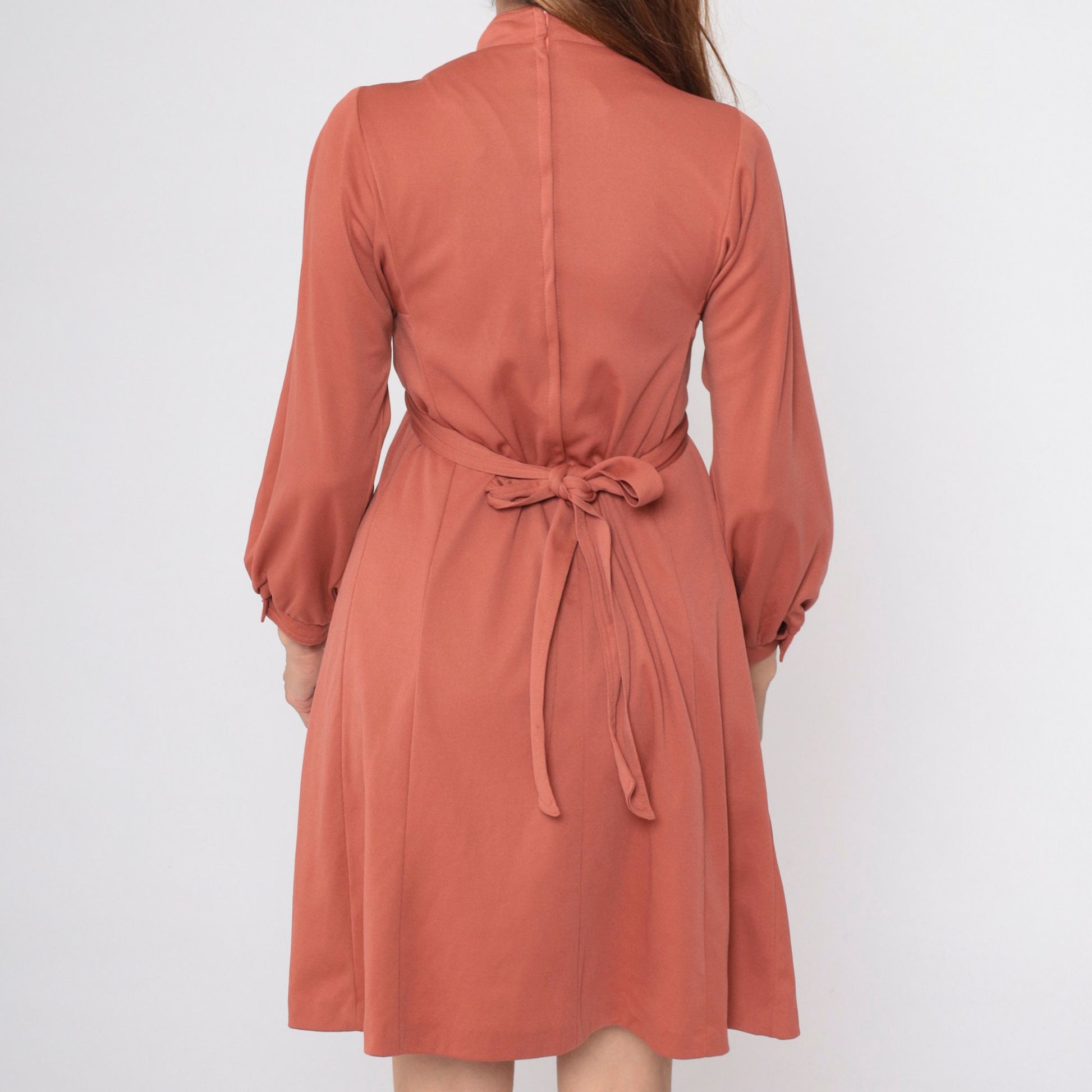 70s Terra Cotta Empire Waist Mini Dress Mandarin Collar Long Sleeve Small
