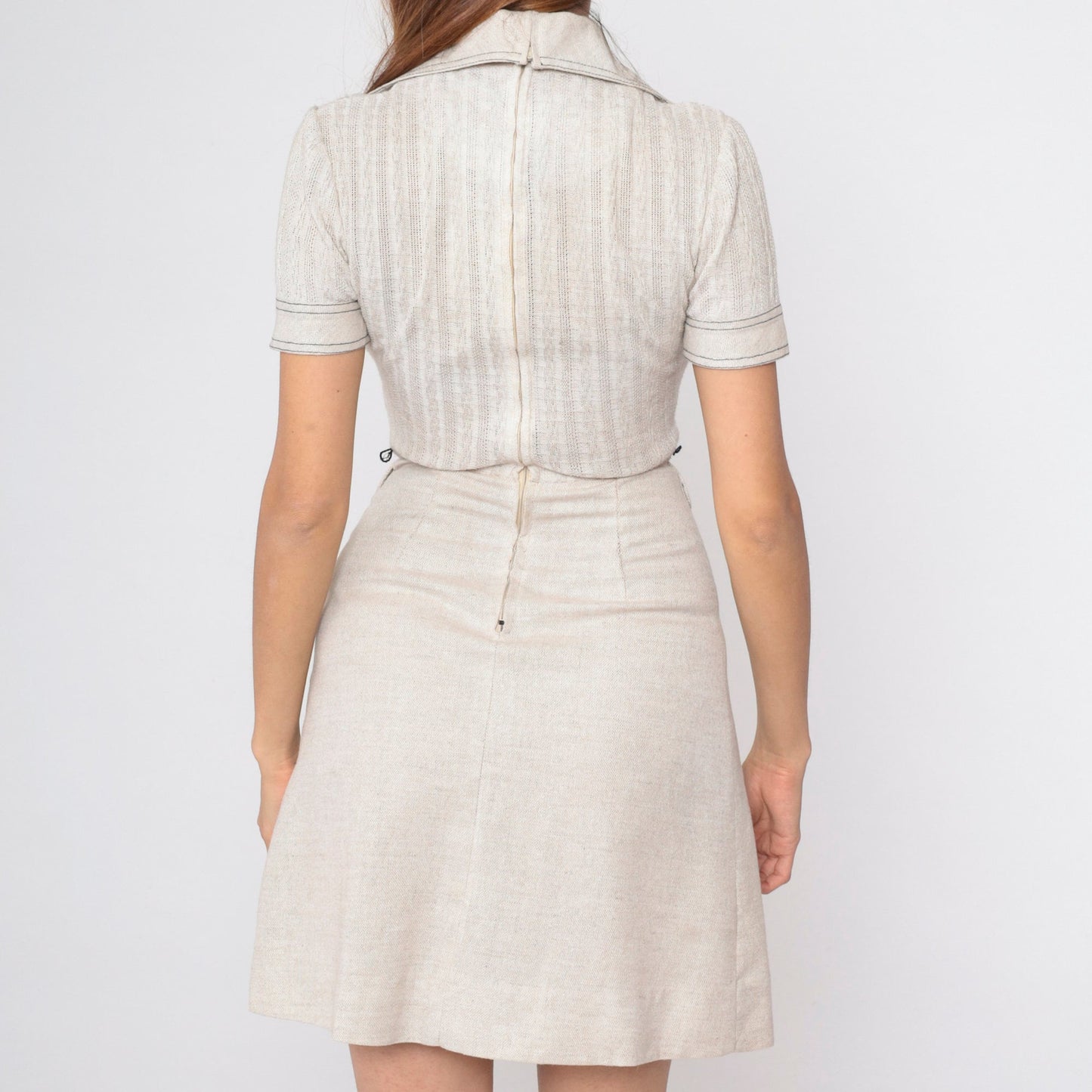 70s Peck & Peak Mini Dress Light Beige Cable Knit High Waist Small
