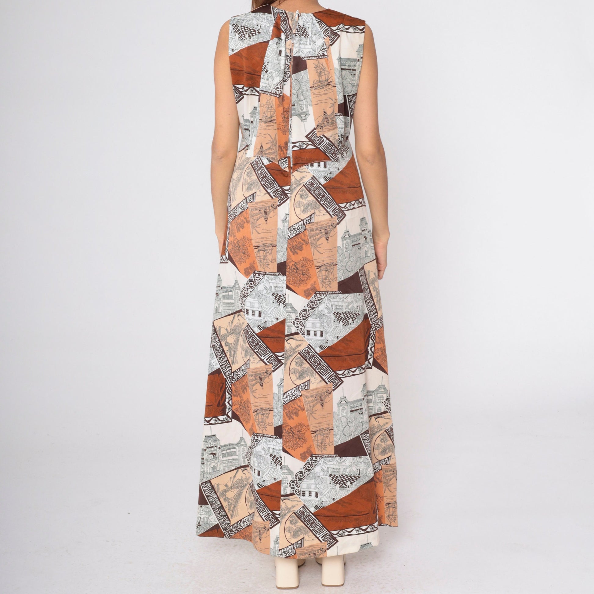 70s Patchwork Architecture Maxi Dress V-Neck Wrap High Waist Orange Brown Medium