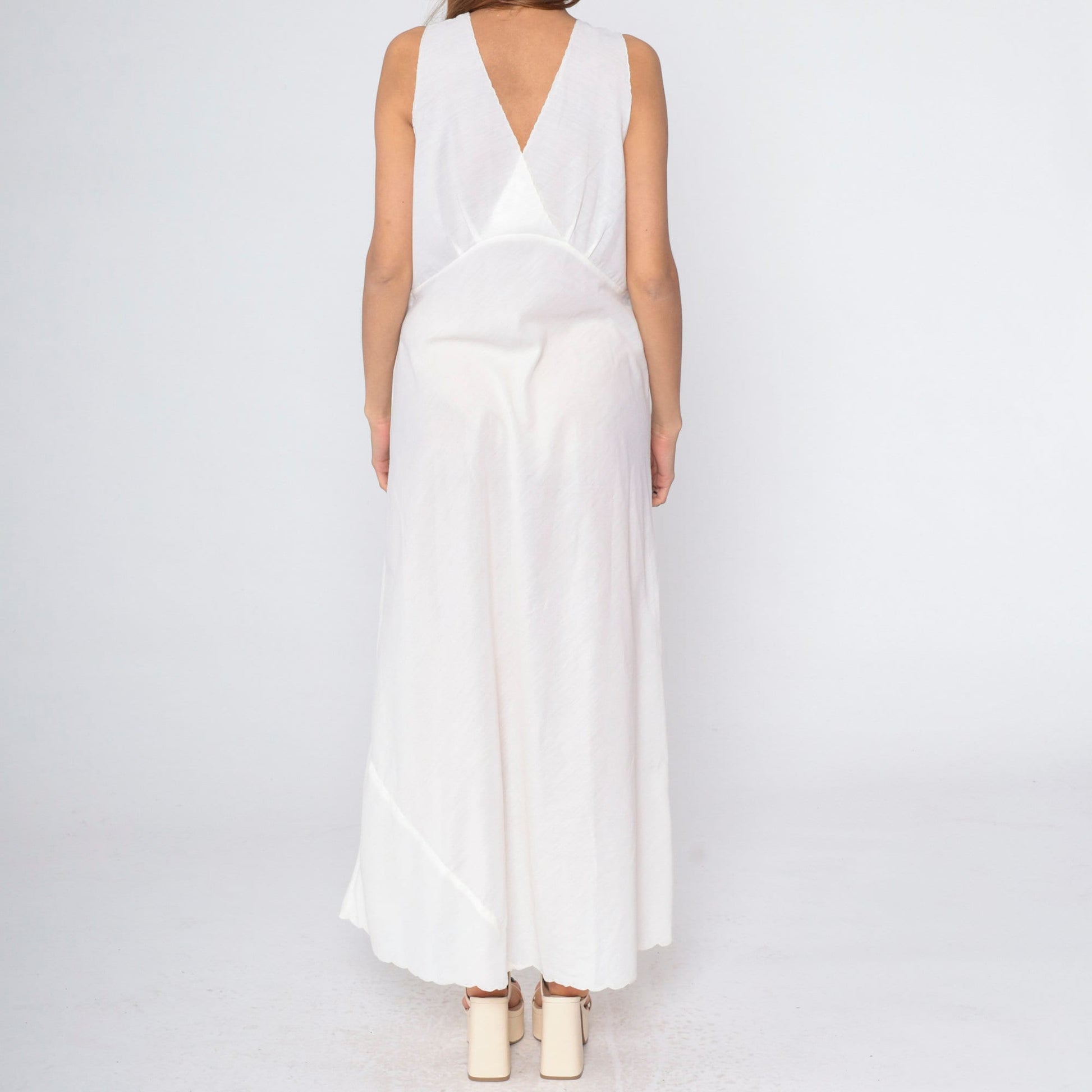 70s Lily White Floral Embroidered Cutout Slip Dress Maxi Nightgown Medium