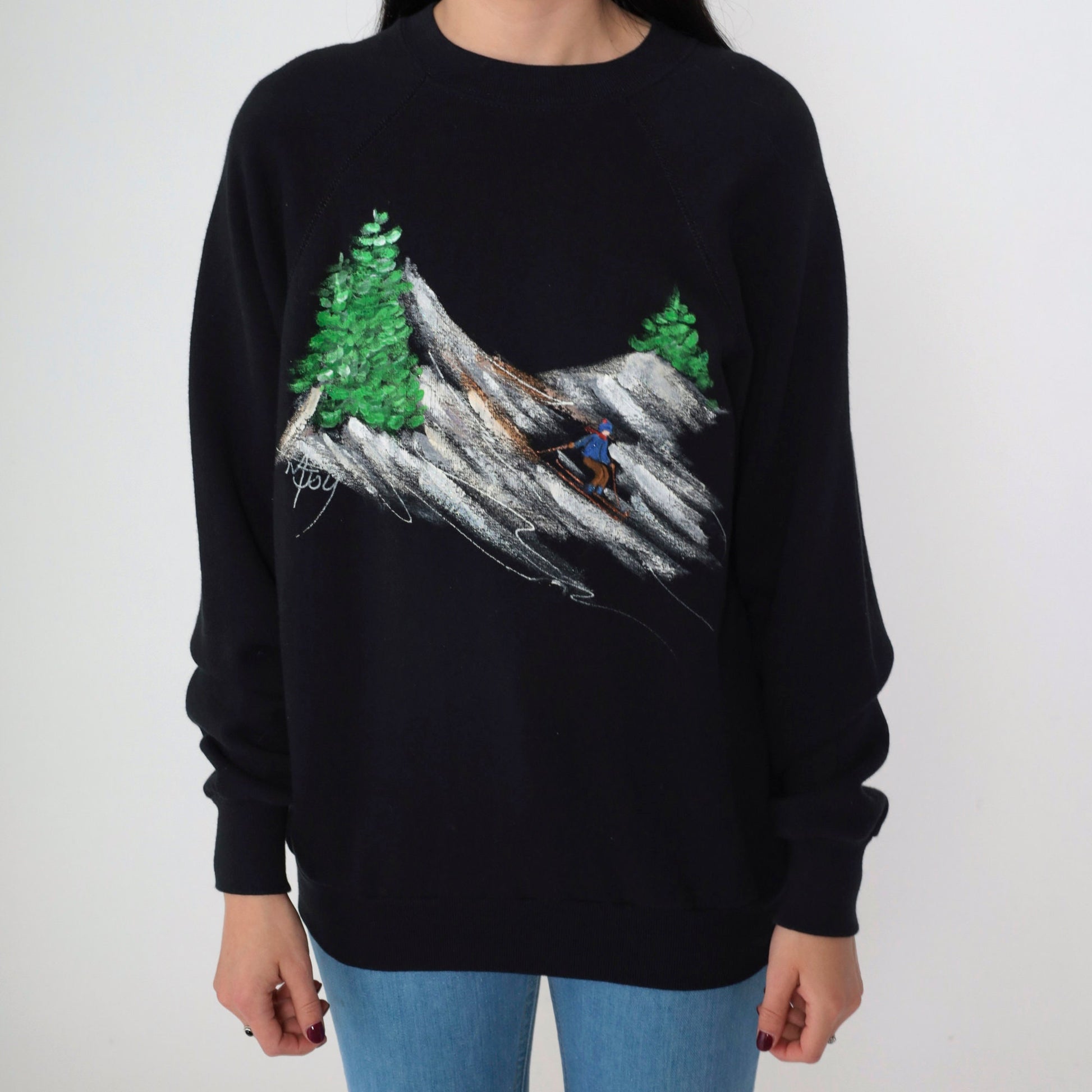 80s Tultex Hand Painted Ski Scene Sweatshirt Black Crewneck Raglan Medium