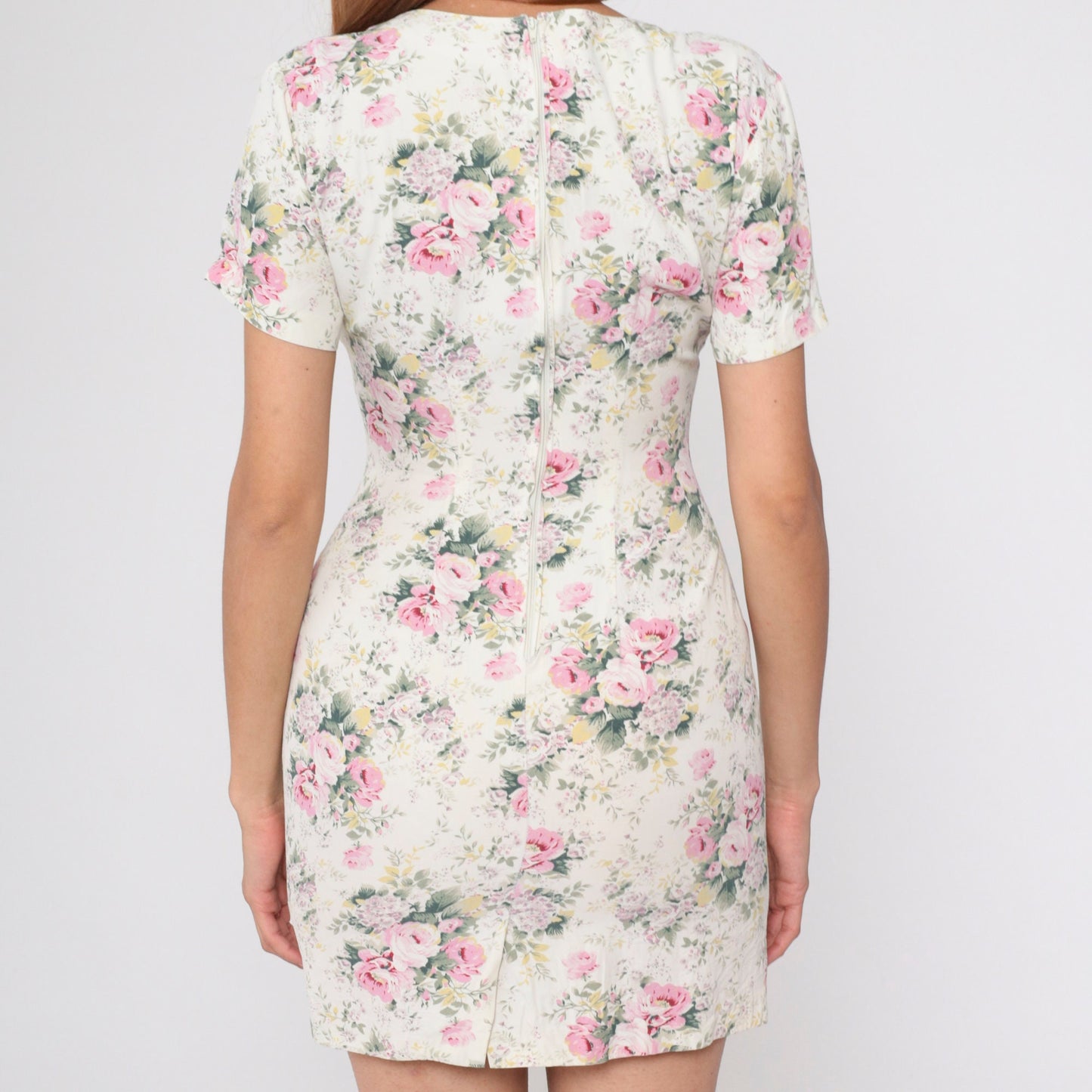 90s Cream Floral Mini Dress Rose Print Short Sleeve Pencil Extra Small XS