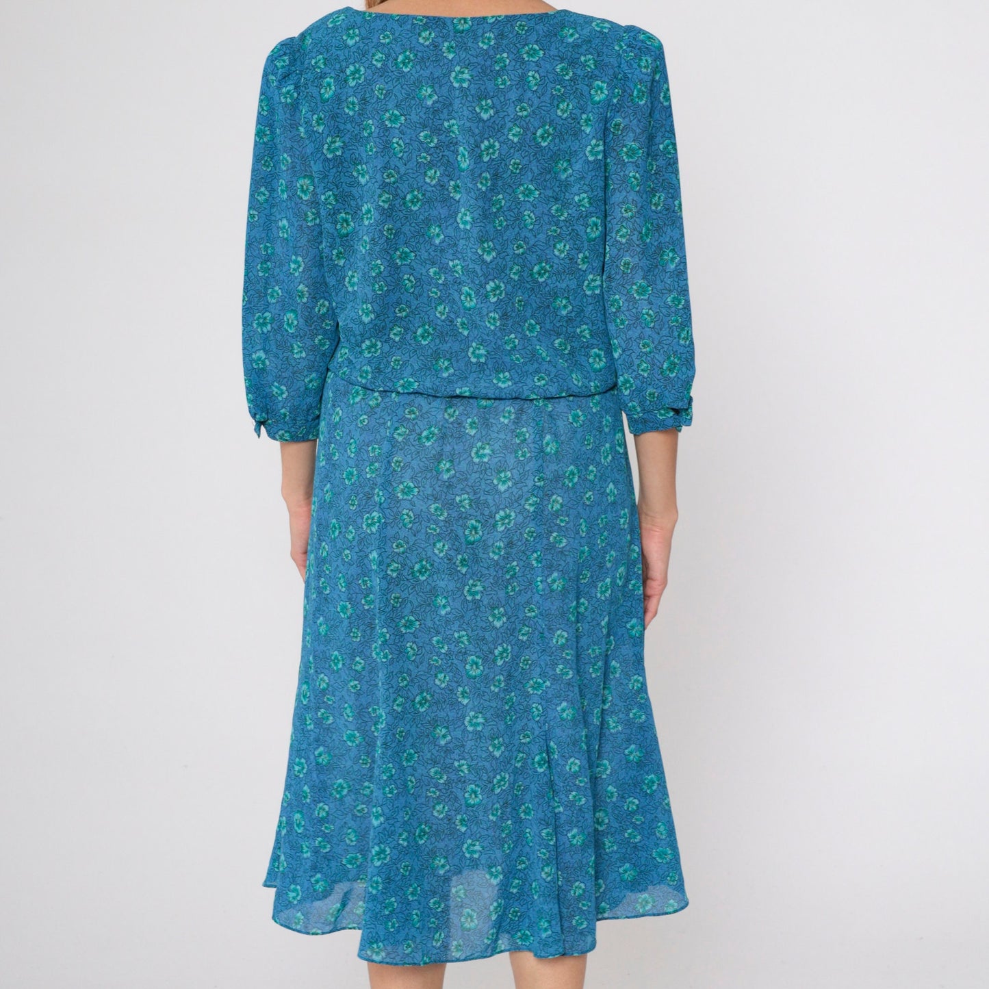 90s Blue Floral Midi Dress Puff Sleeve High Waist Blouson Medium M