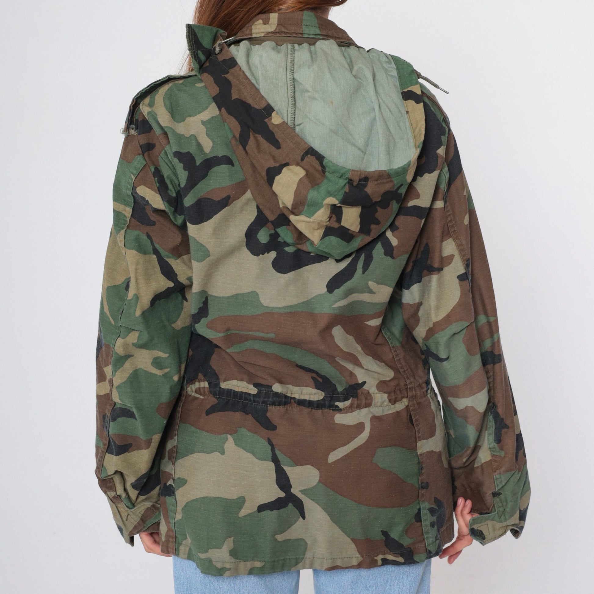 90s Military Camouflage Hooded Jacket Green Cargo Zip Snap Small