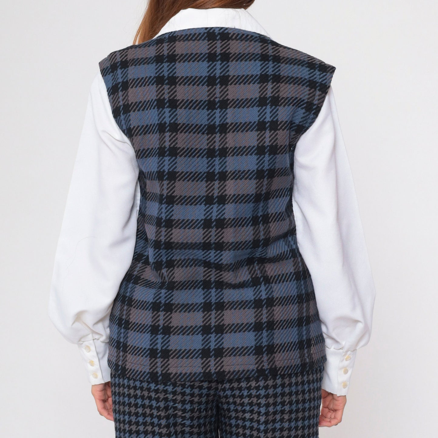 80s Bill Blass Plaid Wool Vest Double Breasted Blue Grey Small