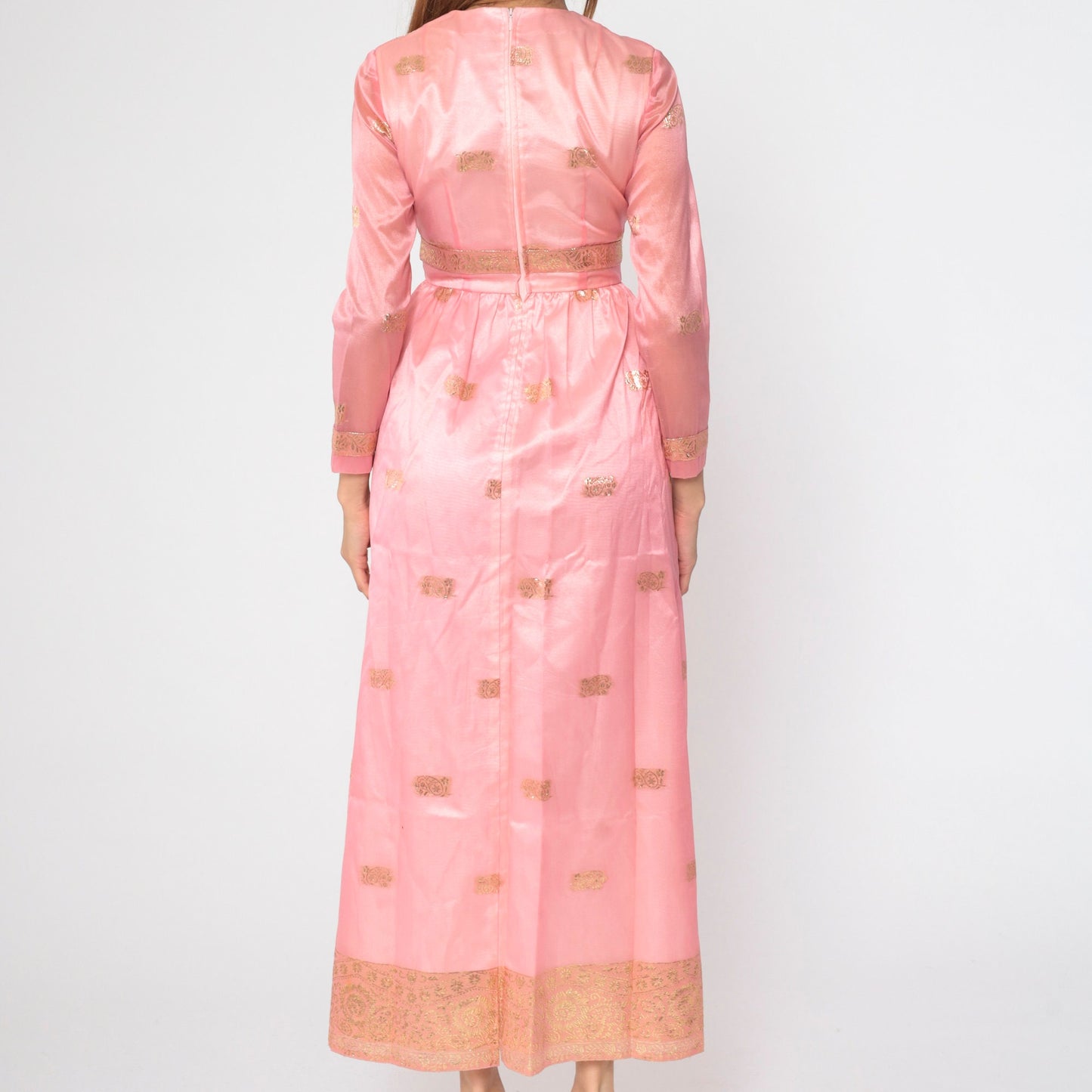 60s Pink Organza Maxi Dress Gold Embroidered Floral Paisley Long Sleeve Small