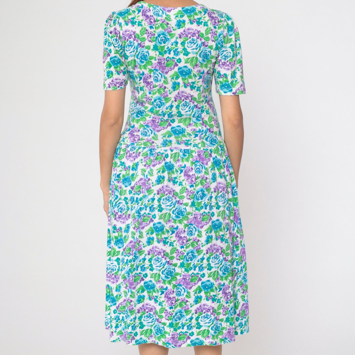 80s Floral Midi Dress Nordstrom Point of View Puff Sleeve Drop Waist Cotton Small