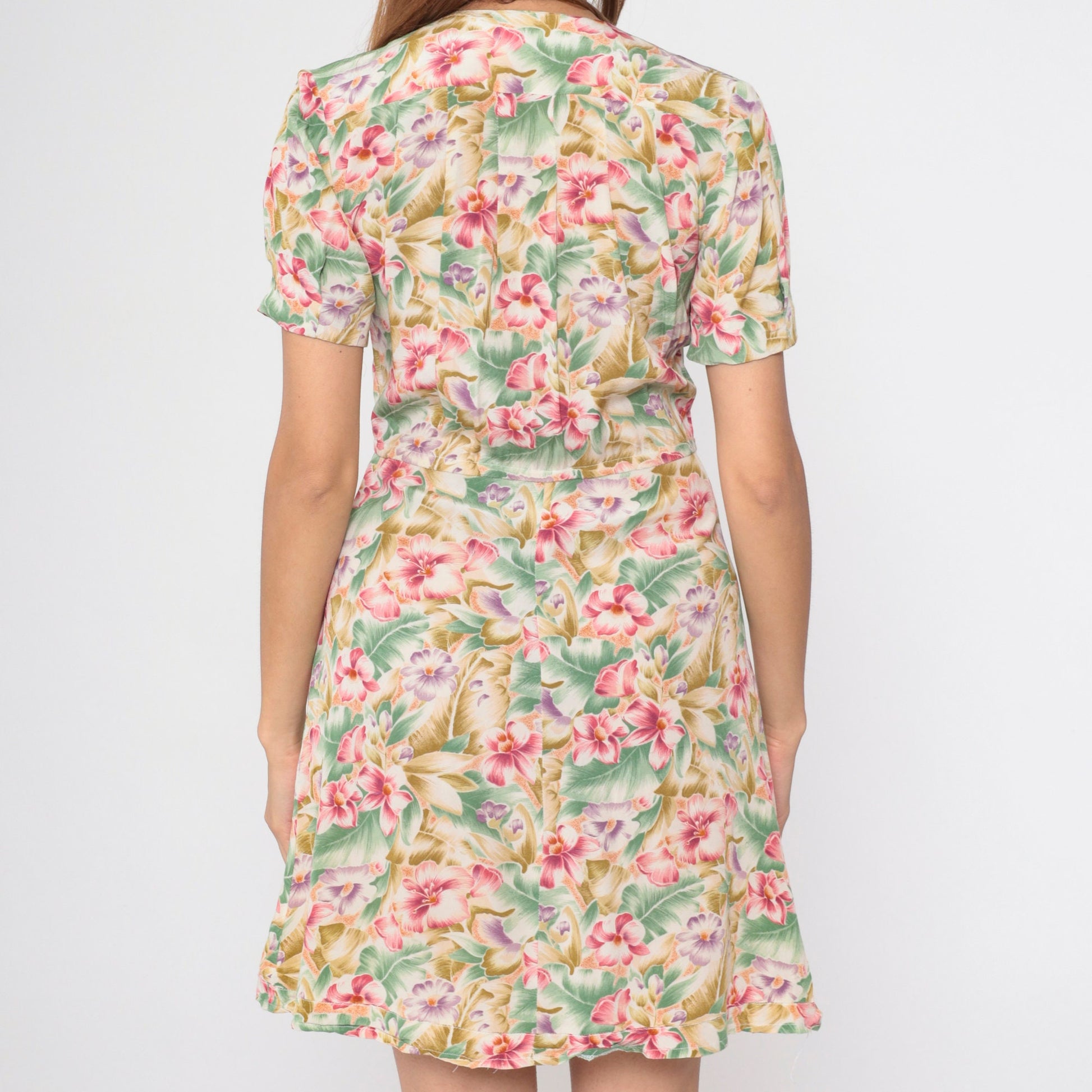 90s Liz Claiborne Tropical Floral Mini Dress Surplice Neckline Small