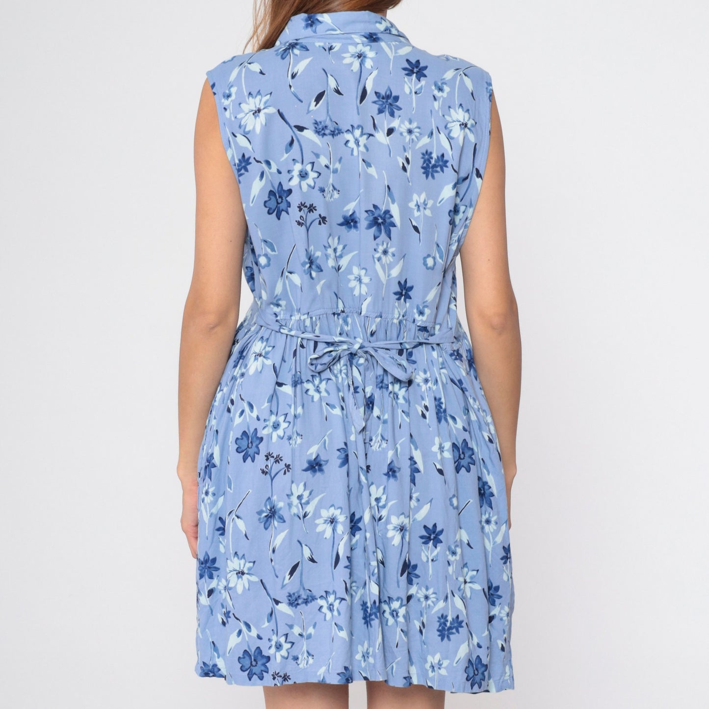 90s Blue Floral Button-Up Mini Dress Sleeveless Collared A-Line Large L