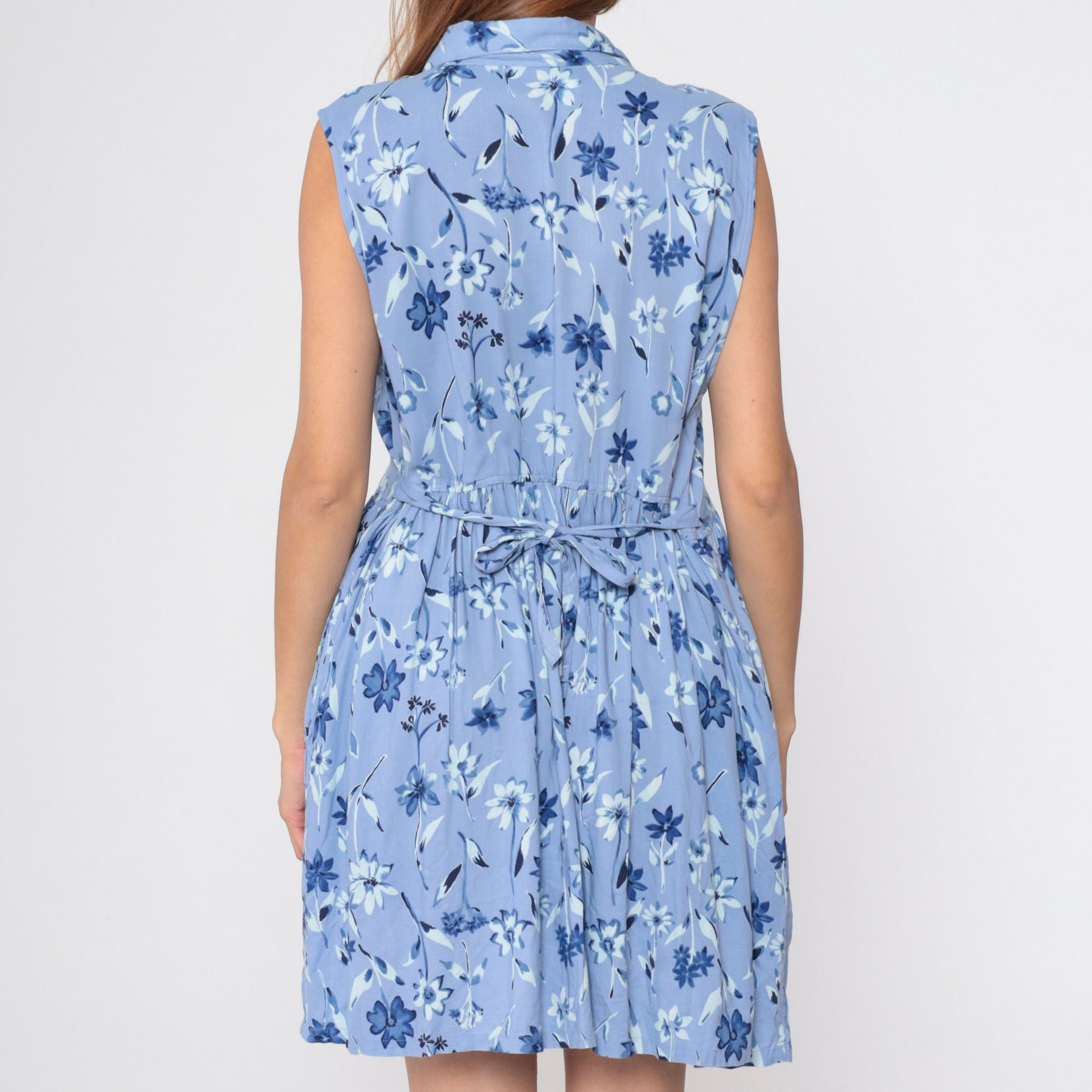 90s Blue Floral Button-Up Mini Dress Sleeveless Collared A-Line Large L