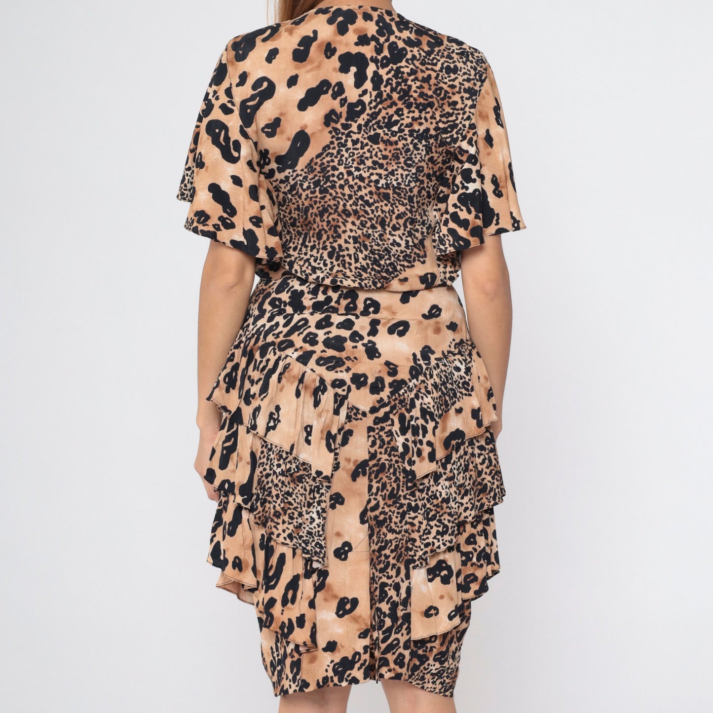 80s Leopard Print Button-Up Midi Dress Basque Waist Flutter Sleeve Small 6