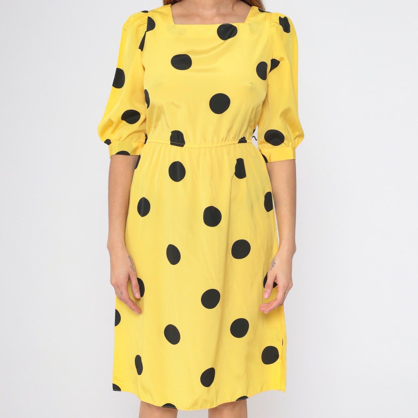 80s Yellow Polka Dot Midi Dress Puff Sleeve Square Neck High Waist Small