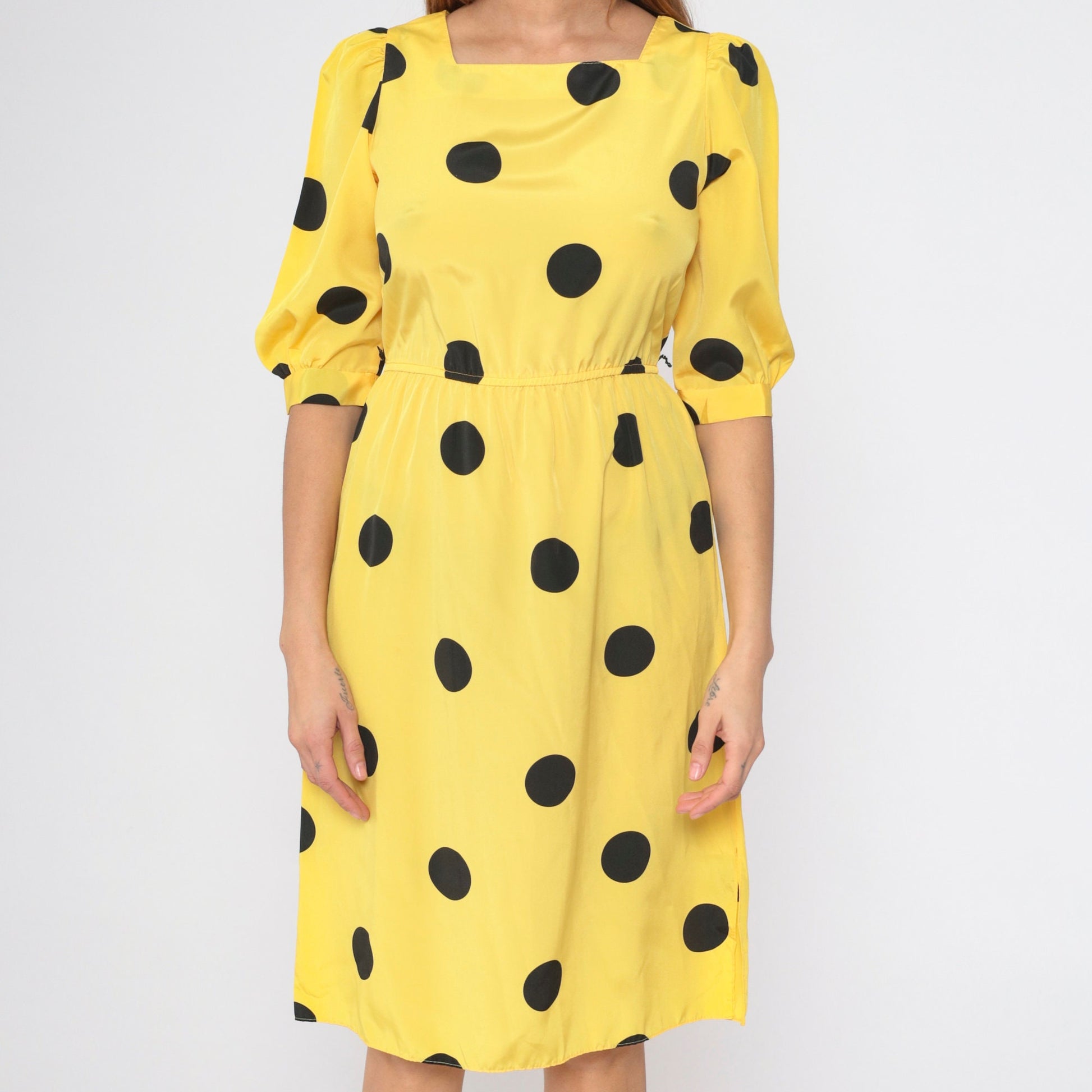 80s Yellow Polka Dot Midi Dress Puff Sleeve Square Neck High Waist Small