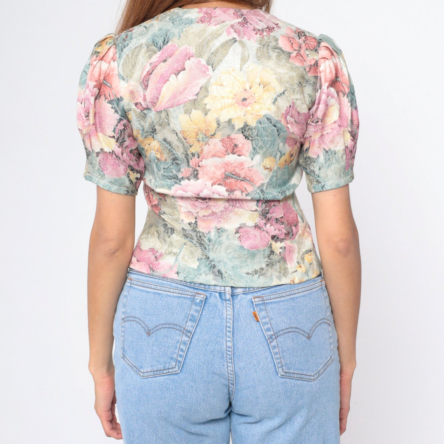 80s Damask Floral Button-Up Blouse Lavender Puff Sleeve Pearl Buttons Small