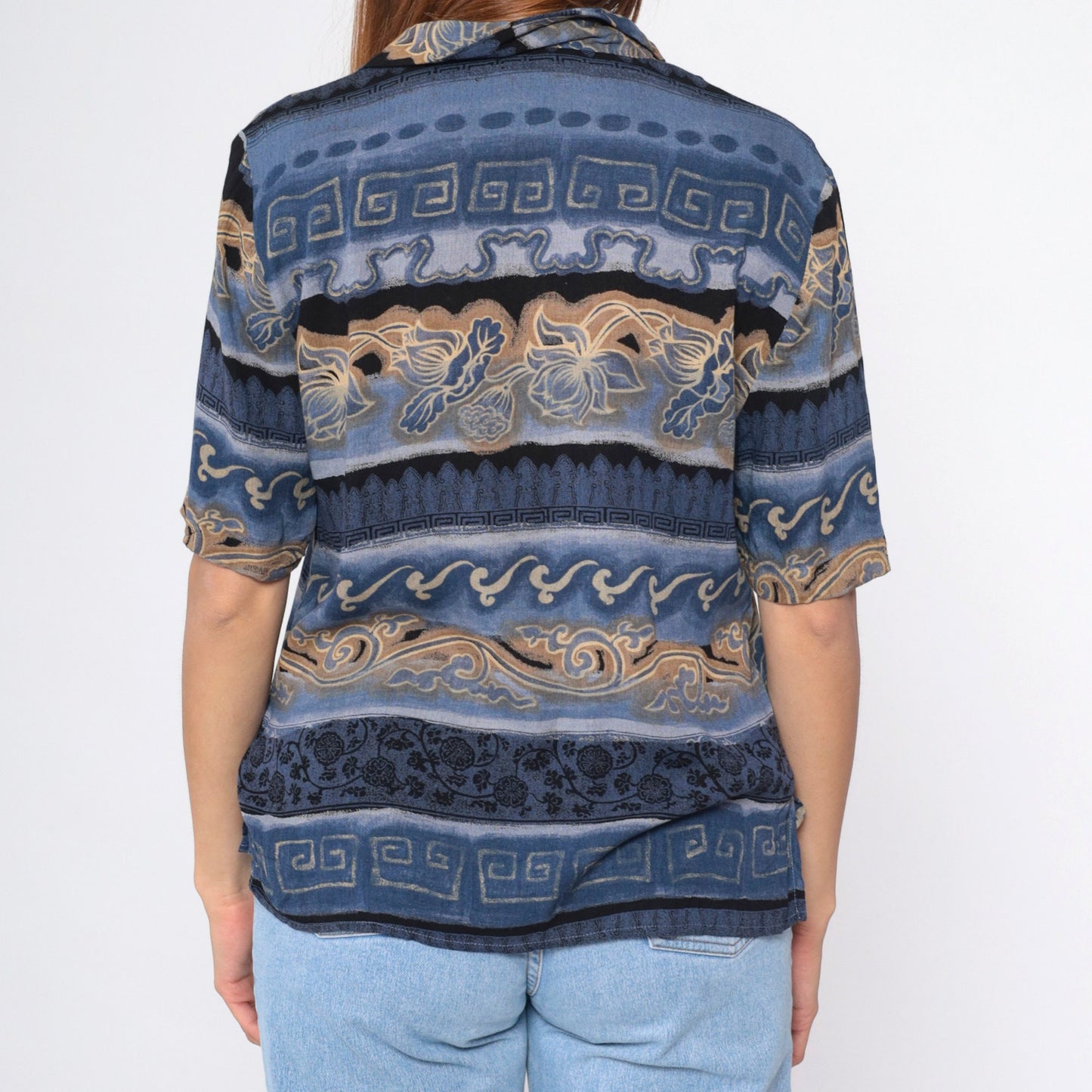 90s Carol Little Striped Floral Greek Key Button Up Blouse Blue Small