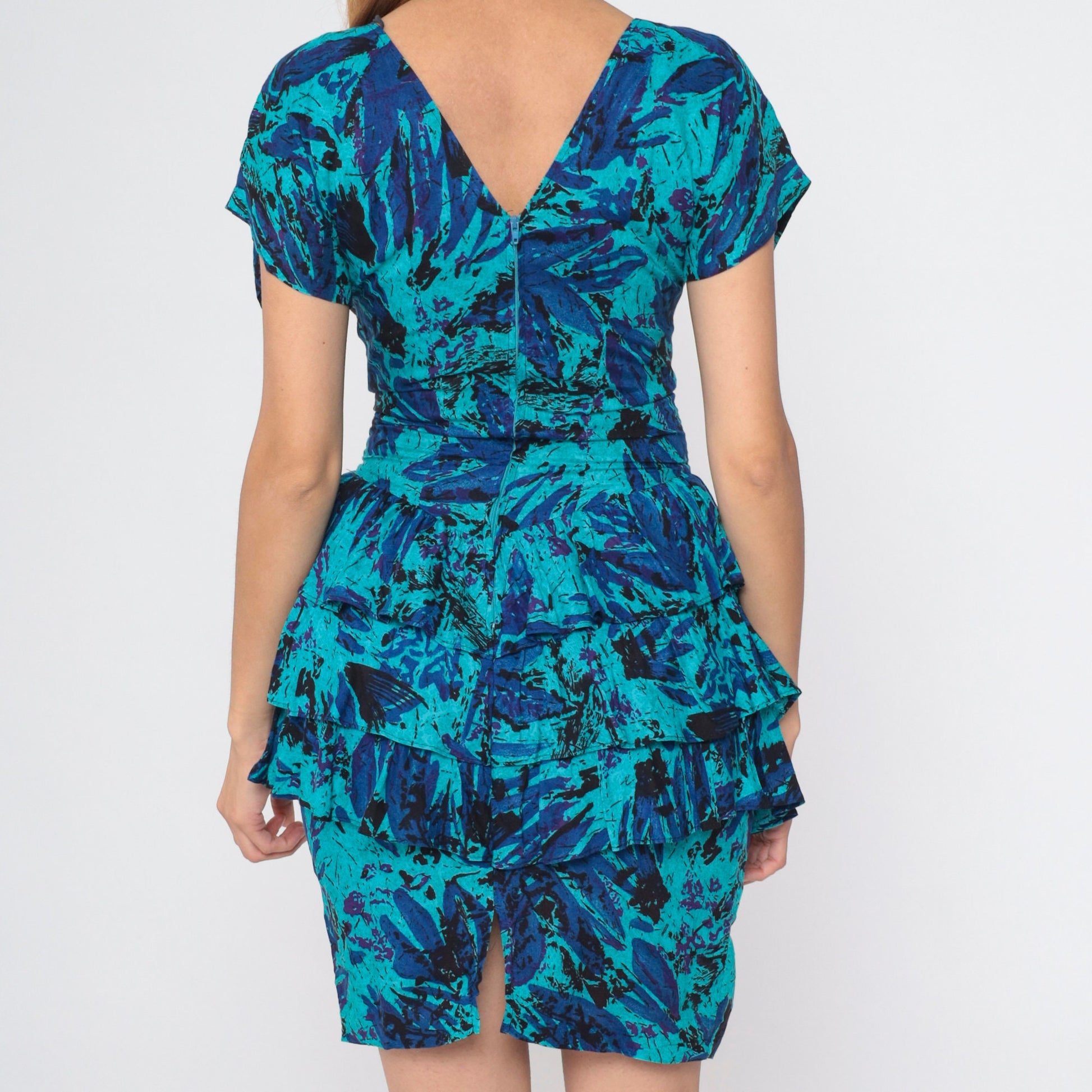 80s Turquoise Abstract Floral Peplum Mini Dress Dolman Sleeve Extra Small