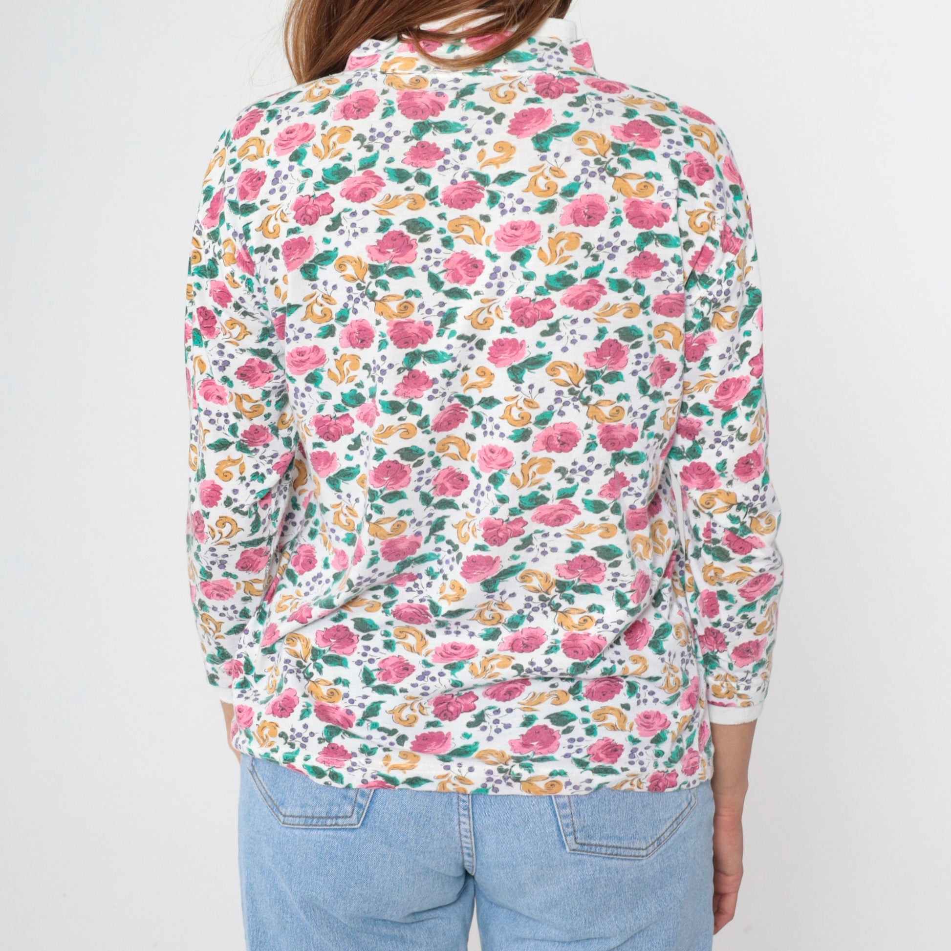 90s Floral Mock Neck Shirt White Pink Rose Print Long Sleeve Blouse Medium