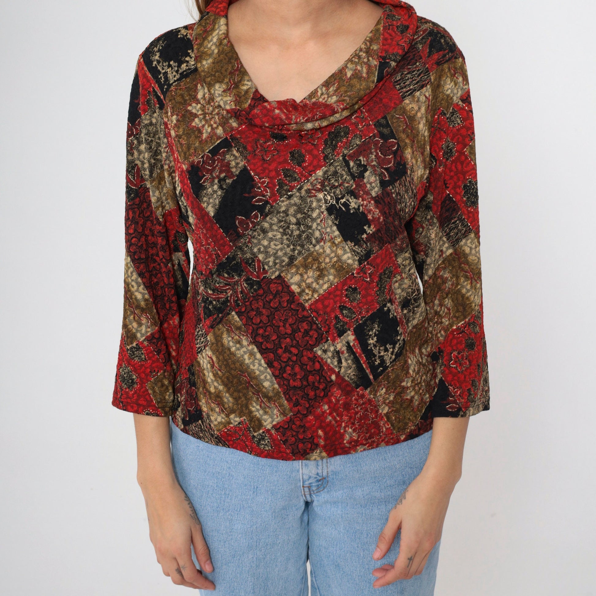 Y2K Carducci Patchwork Floral Cowl Neck Blouse Metallic Long Sleeve Extra Large XXL