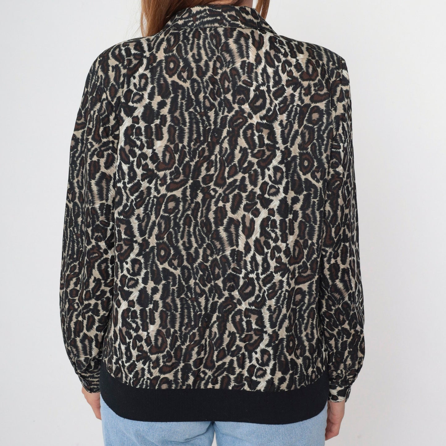 80s Leopard Print Button-Up Blouse Long Sleeve Collared Top Large