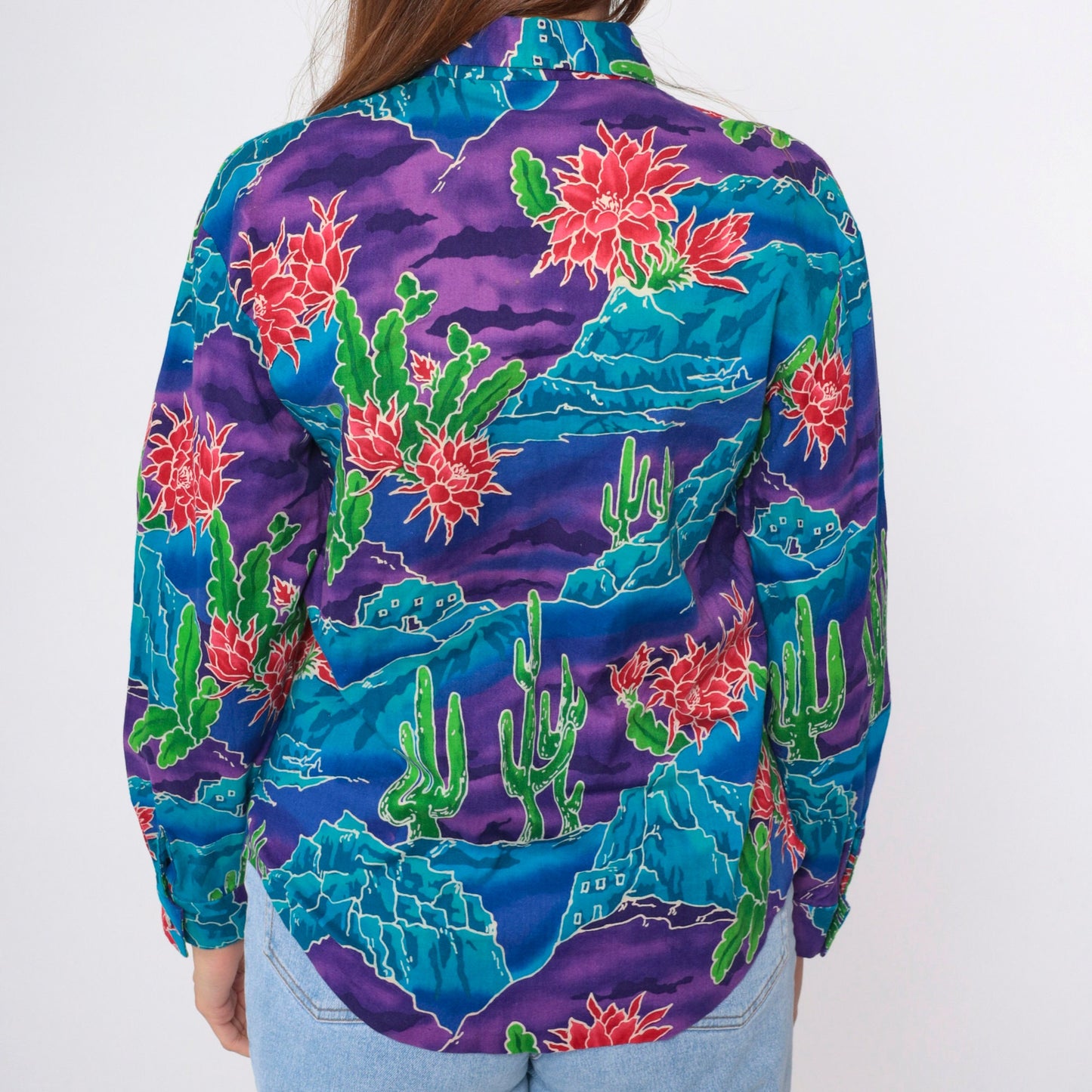 90s Southwestern Cactus Keyhole Blouse Button Up Long Sleeve Blue Purple Medium