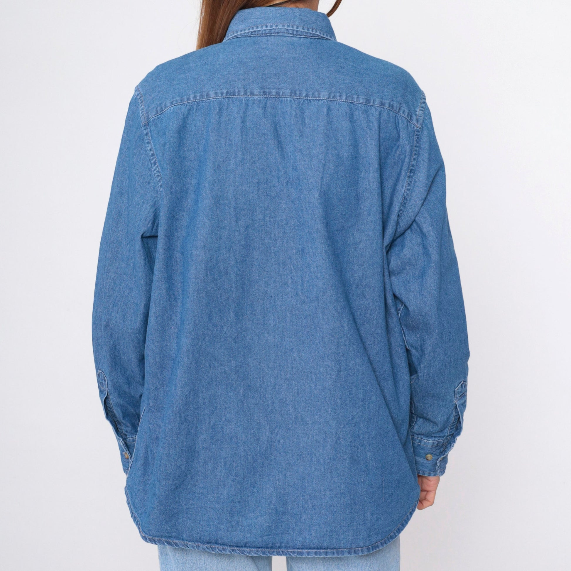 90s Vos Sports Blue Denim Button-Up Shirt Cotton Long Sleeve Extra Large XXL
