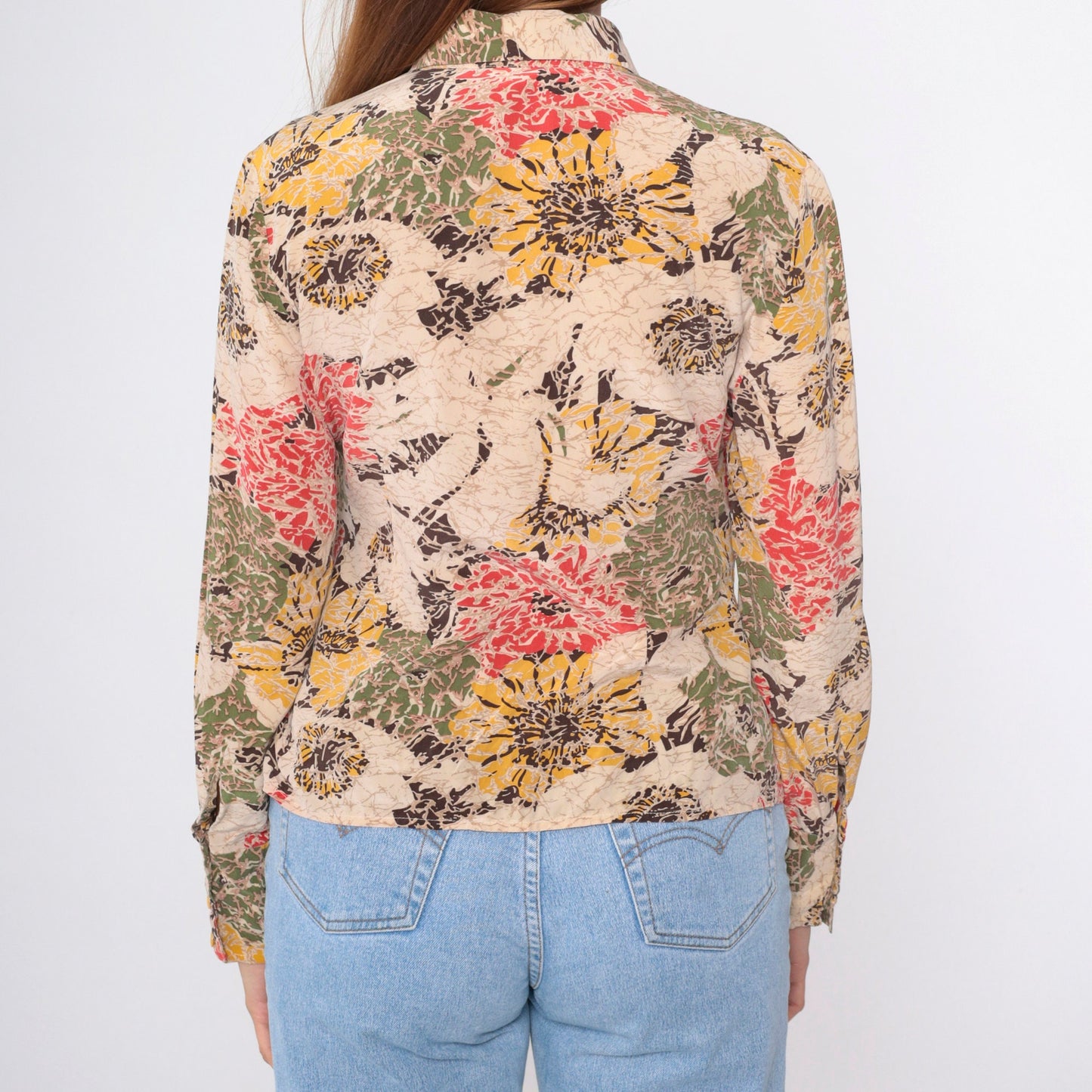 90s Abstract Floral Button-Up Blouse Beige Red Yellow Long Sleeve Medium