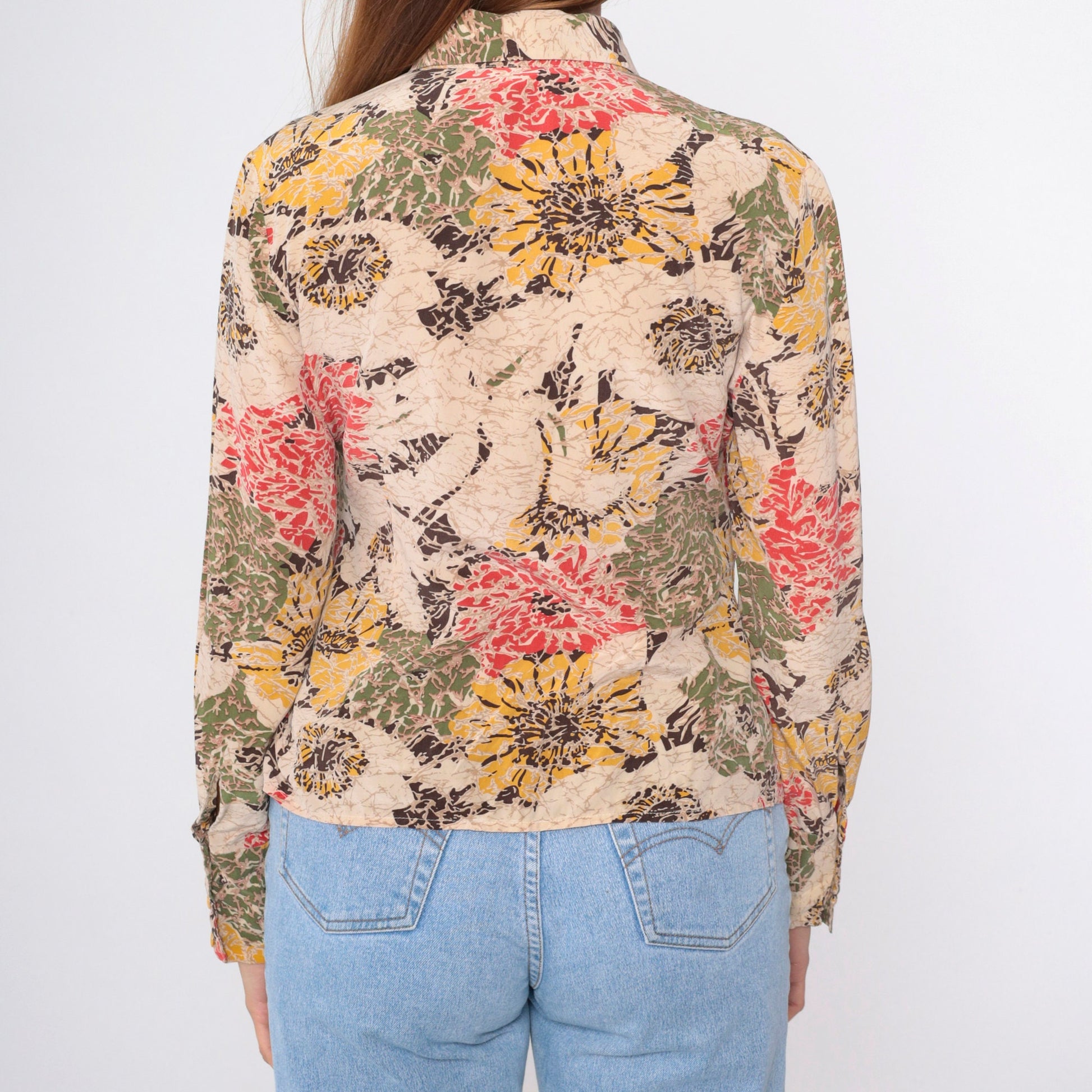 90s Abstract Floral Button-Up Blouse Beige Red Yellow Long Sleeve Medium