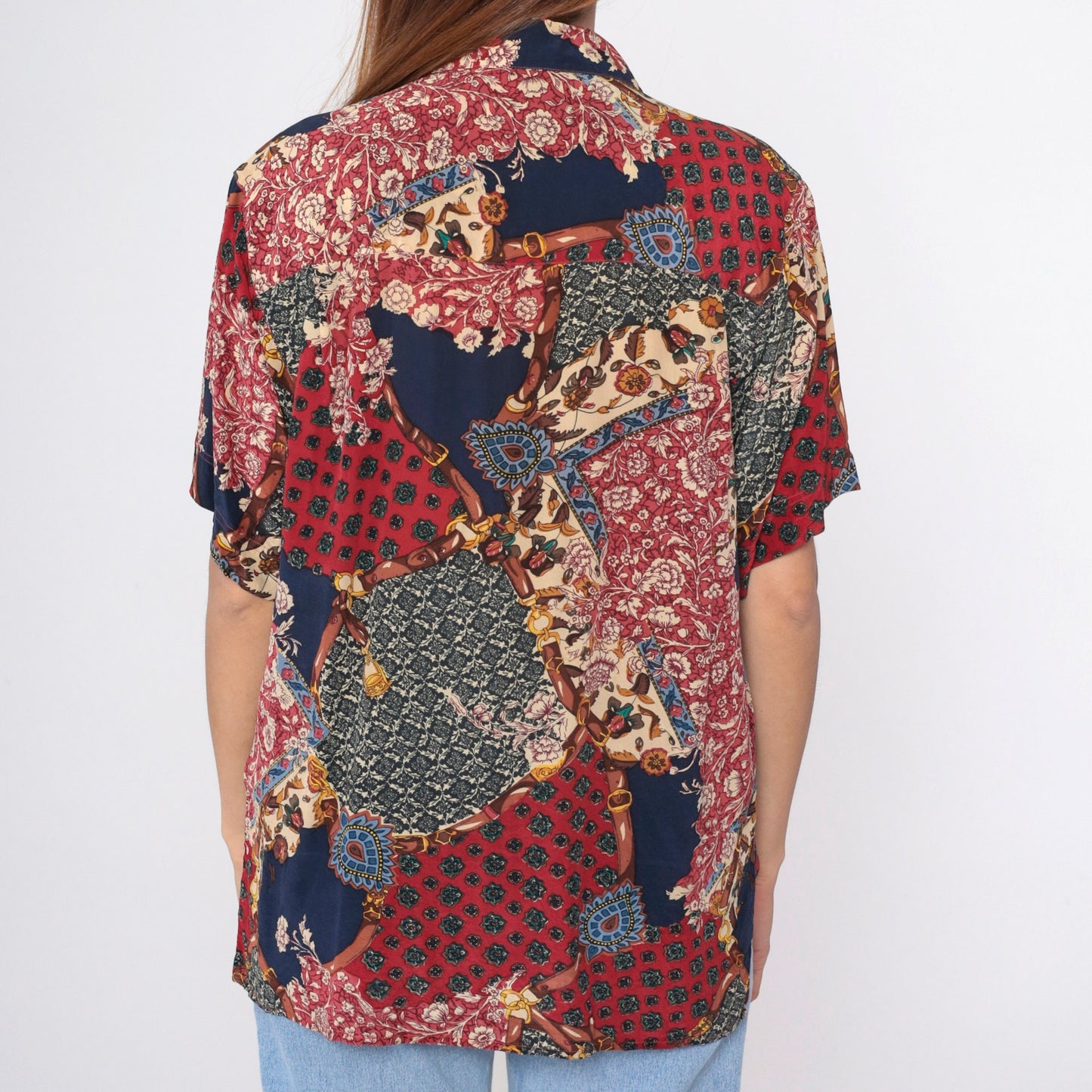 90s Amanda Italy Silk Blouse Patchwork Floral Equestrian Print Navy Medium