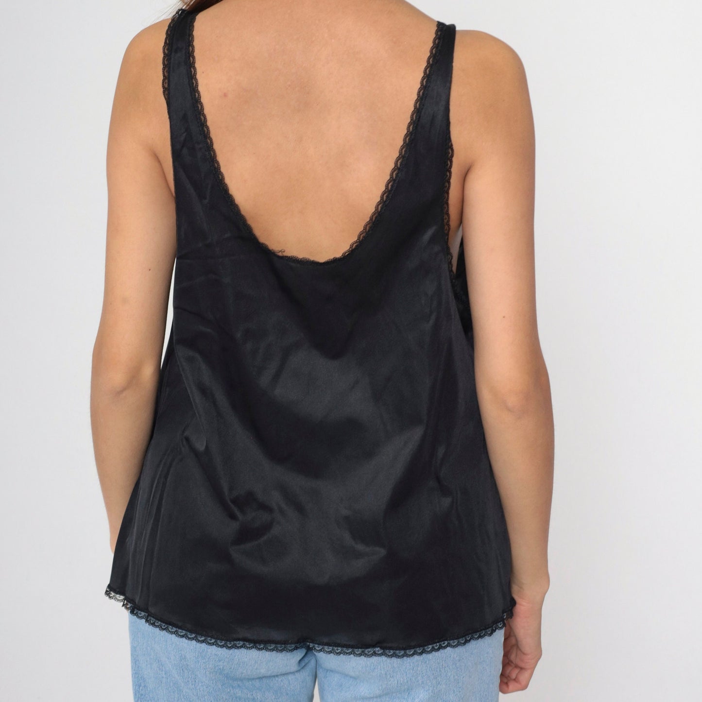 80s Vanity Fair Black Nylon Camisole Lace Trim V-Neck Bow Large