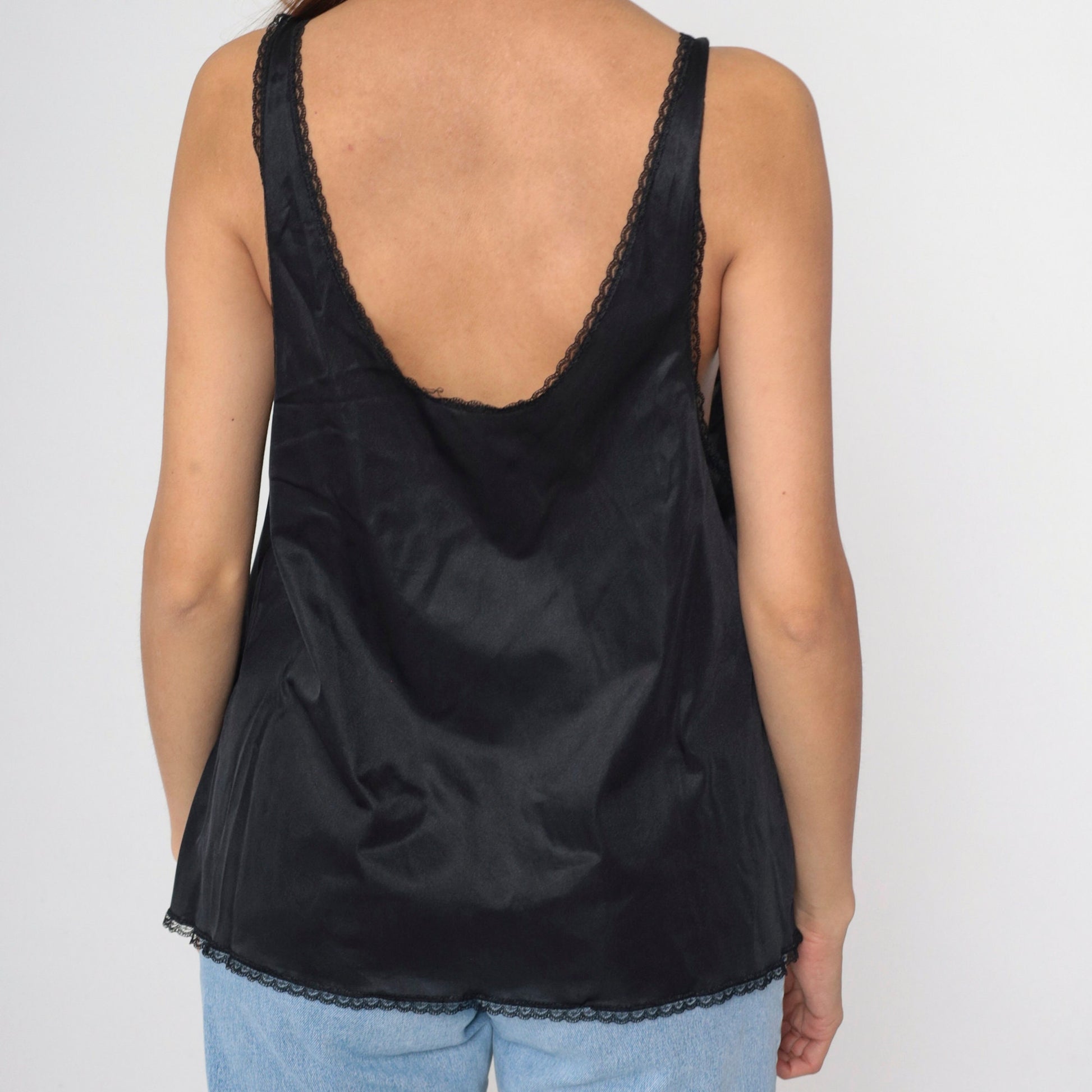 80s Vanity Fair Black Nylon Camisole Lace Trim V-Neck Bow Large