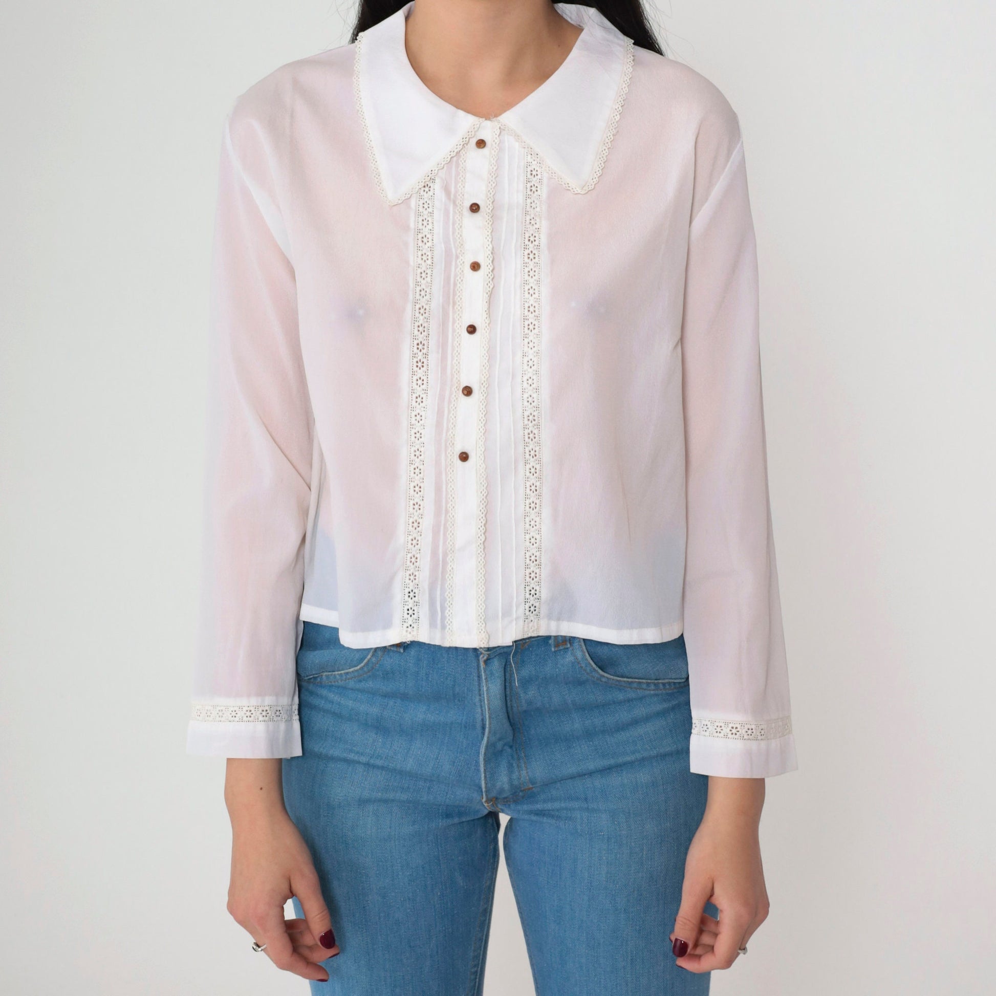 70s White Lace Cutout Blouse Floral Long Sleeve Button Up Medium M