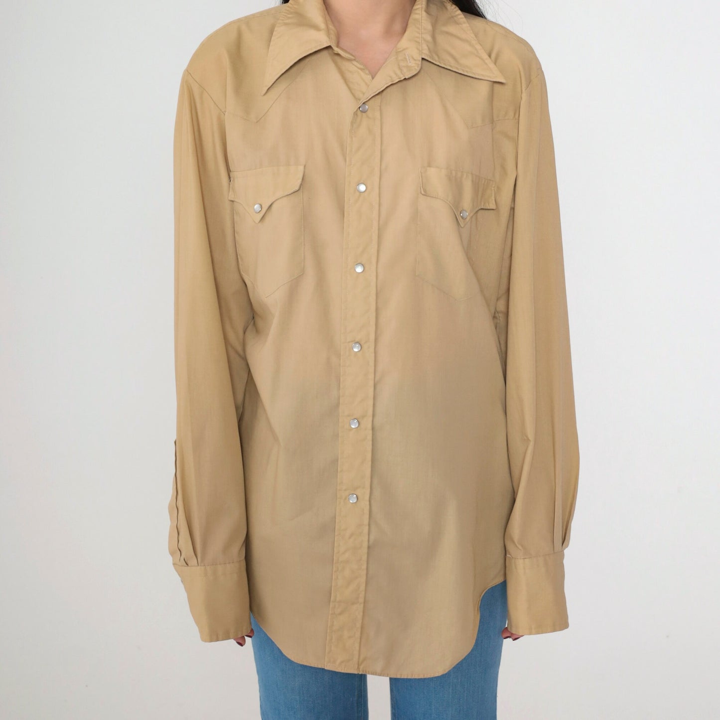 80s Miller Western Pearl Snap Shirt Tan Long Sleeve Button Up Mens Medium