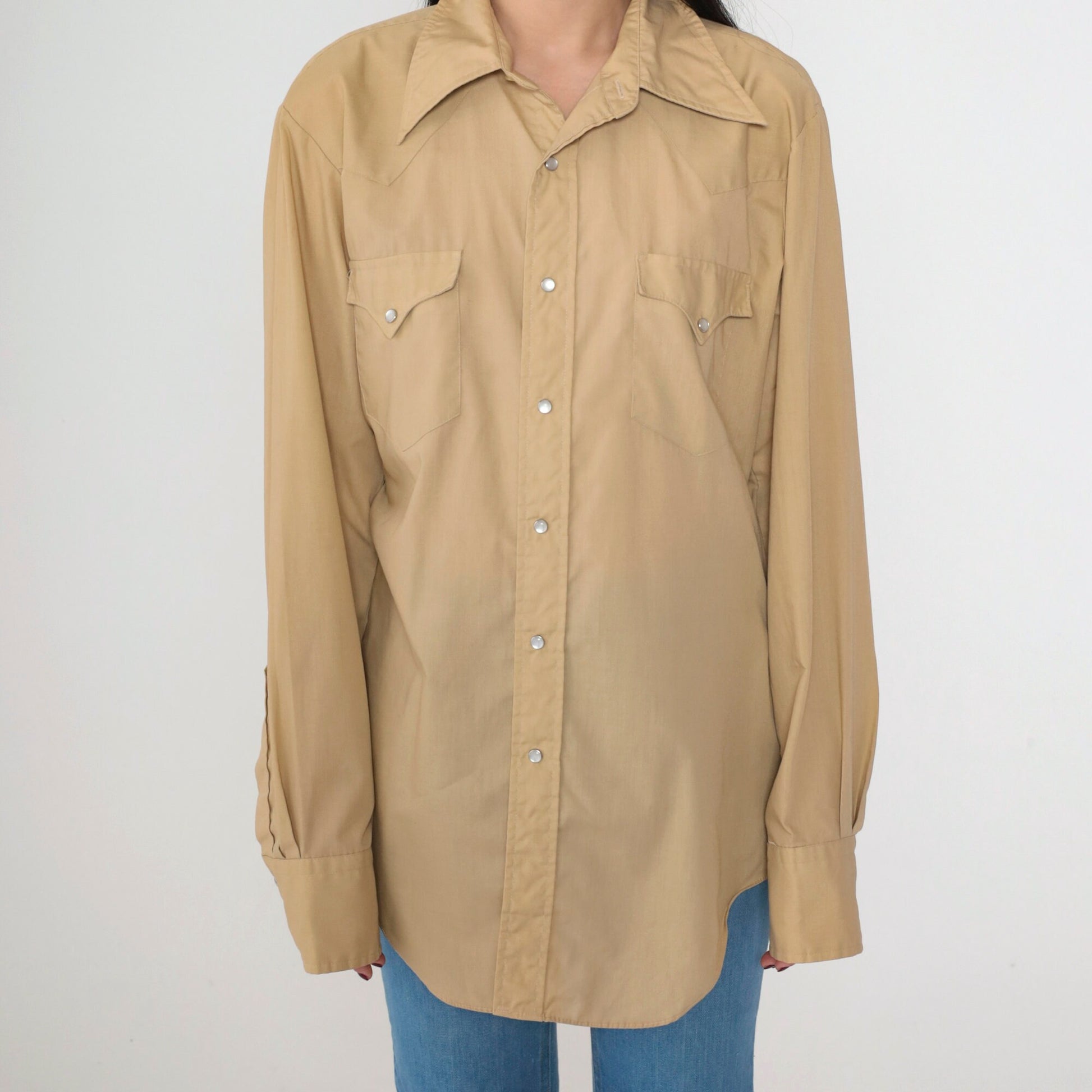 80s Miller Western Pearl Snap Shirt Tan Long Sleeve Button Up Mens Medium