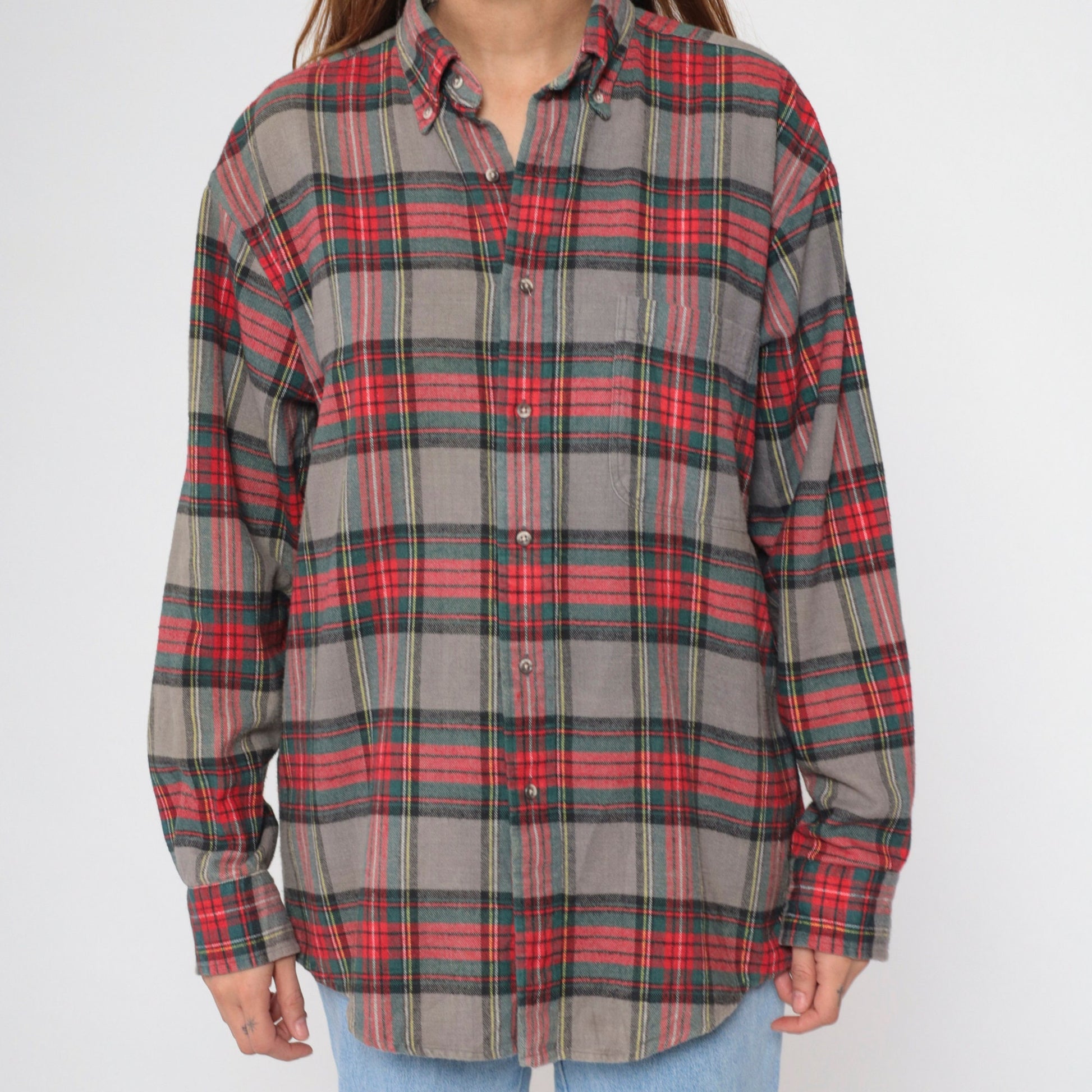 90s Lands End Plaid Flannel Shirt Grey Red Green Button Up Medium