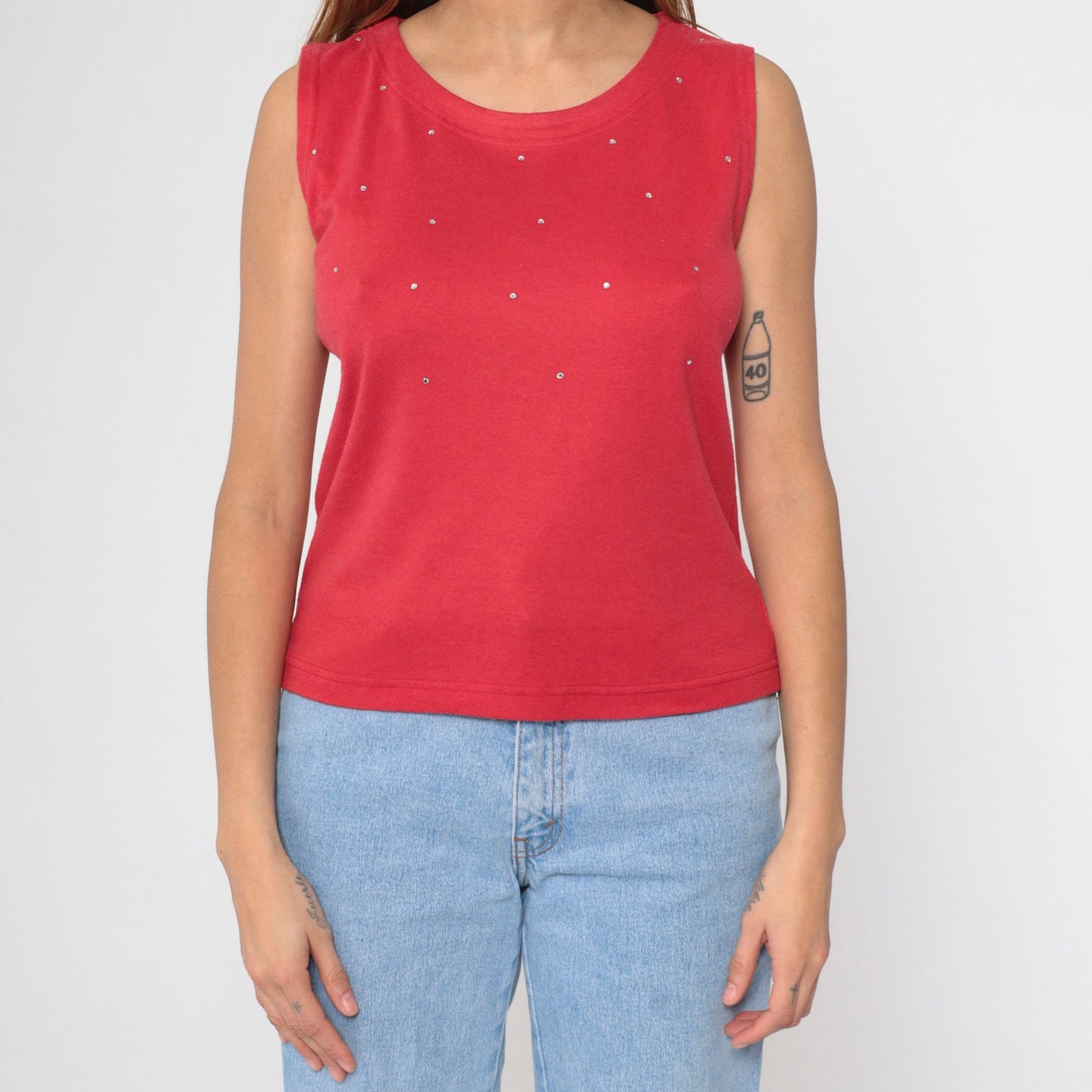 90s Red Rhinestone Tank Top Round Neck Embellished Sleeveless Small Petite