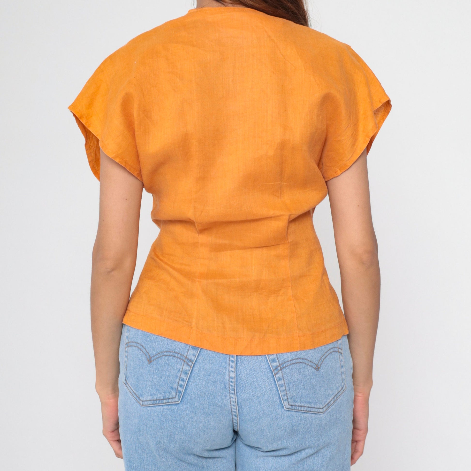 00s Orange Rococo Striped Button-Up Blouse Rhinestone Dolman Sleeve V-Neck Extra Small