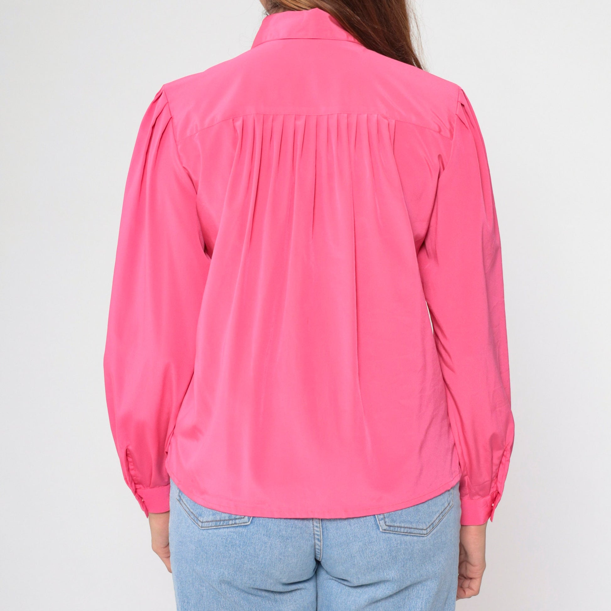 90s Hot Pink Puff Sleeve Blouse Pleated Button-Up Collared Shirt Medium Petite