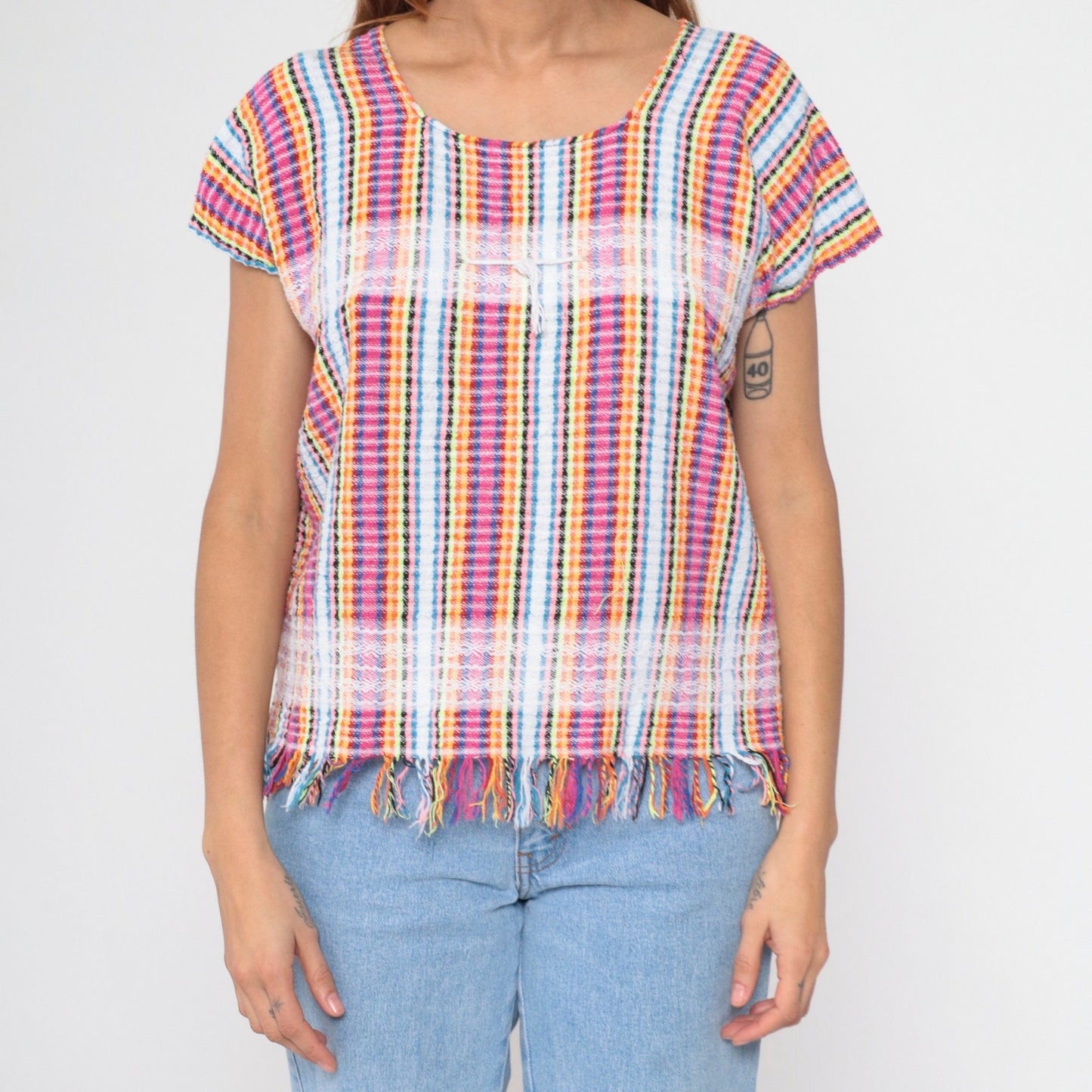 00s Mexican Neon Rainbow Striped Blouse Hot Pink Lace Trim Fringe Small