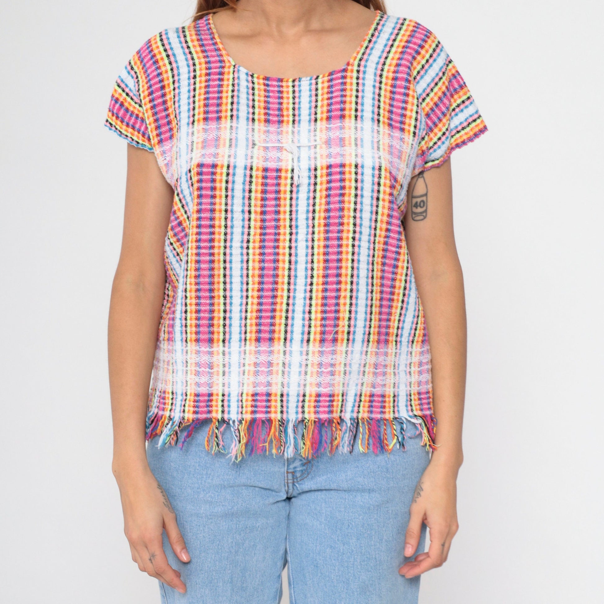 00s Mexican Neon Rainbow Striped Blouse Hot Pink Lace Trim Fringe Small